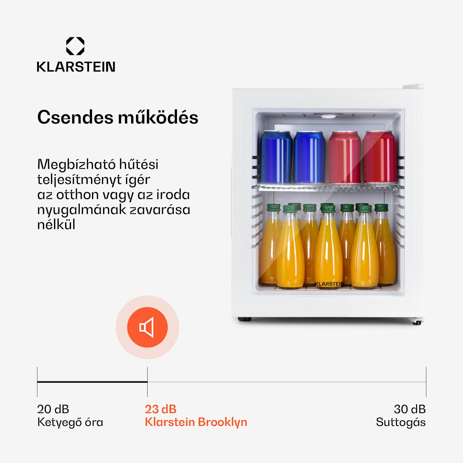 Brooklyn 32, mini hűtőszekrény, üvegajtó, LED világítás, polcok 30 L | Fehér | Fehér
