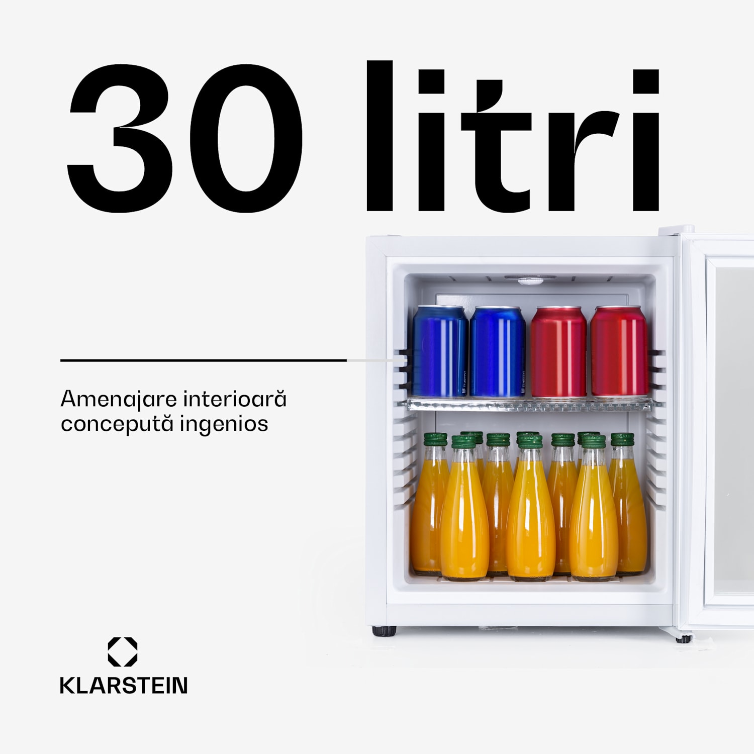 Brooklyn 32, mini-frigider, cu uși din sticla, iluminare LED, rafturi 30 litri | Alb | Alb