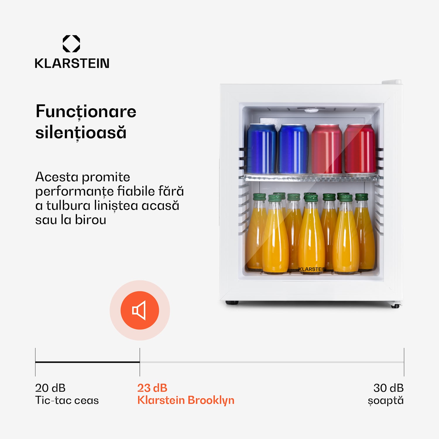 Brooklyn 32, mini-frigider, cu uși din sticla, iluminare LED, rafturi 30 litri | Alb | Alb