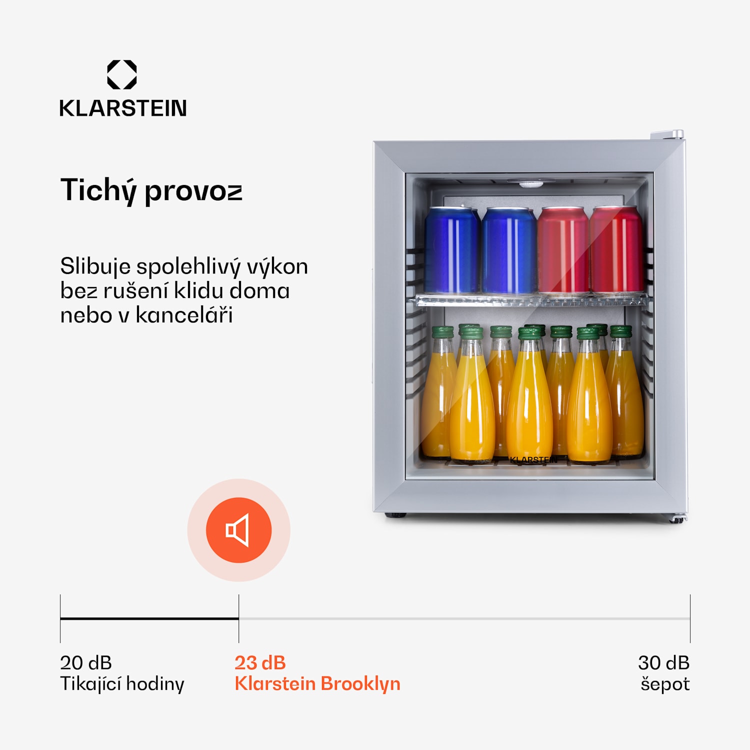 Brooklyn 32, mini lednice, energetická třída E, skleněné dveře, LED, police 30 litrů | Stříbrná | Bílá
