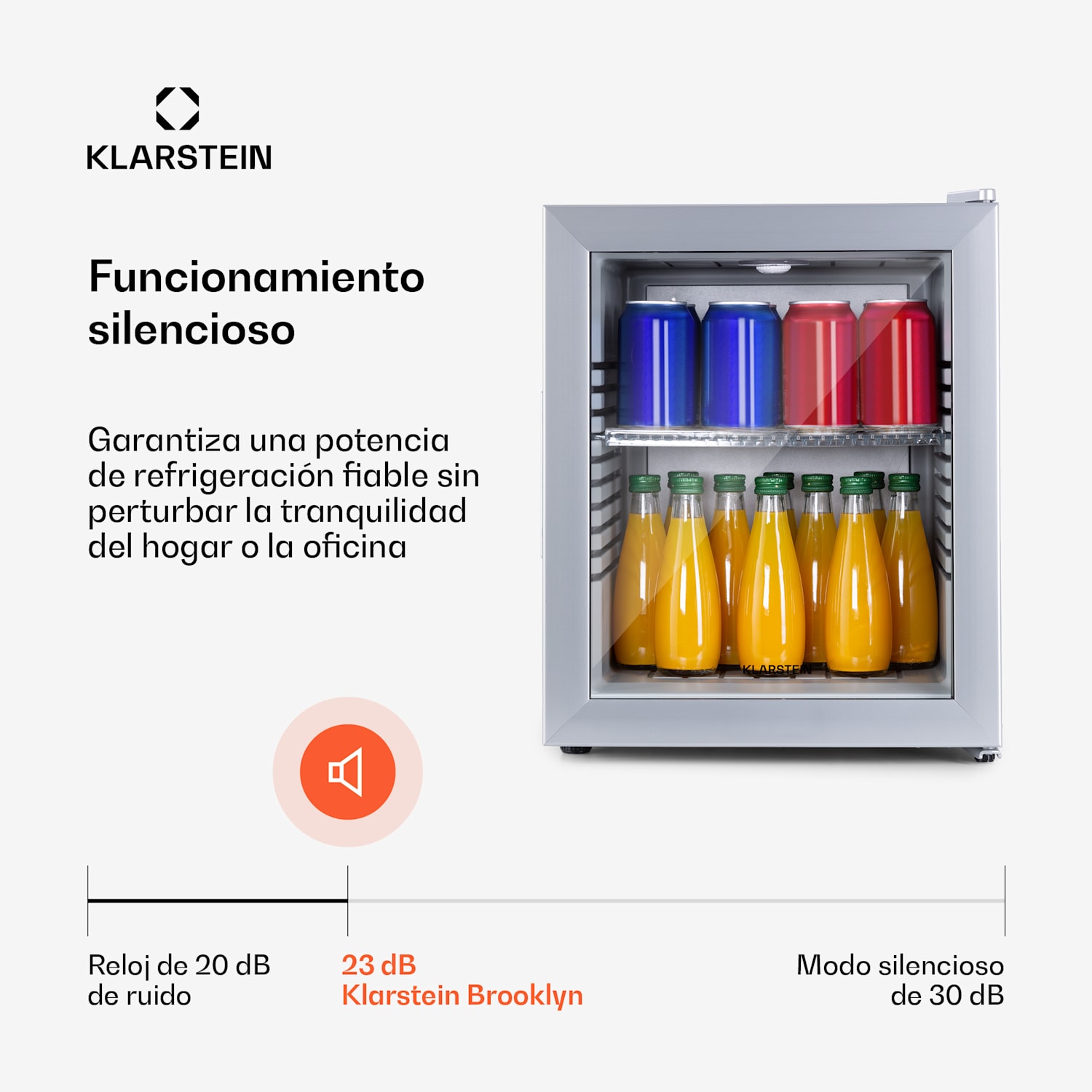 Mini frigorífico Brooklyn 32 puerta de cristal estante LED 30 L | Plata | Blanco