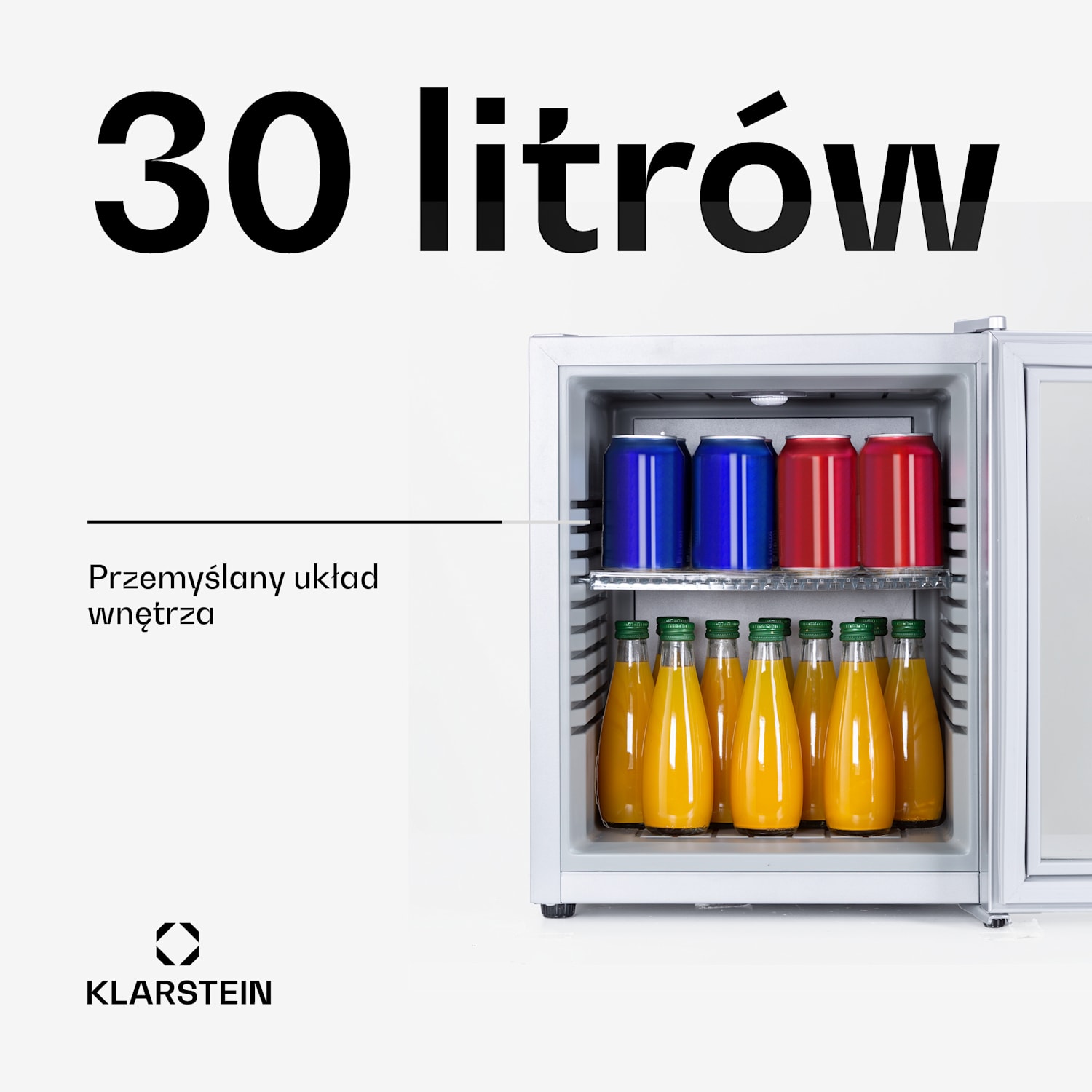 Brooklyn 32, mini lodówka, szklane drzwi, LED, półka 30 litrów | Srebrny | Biały