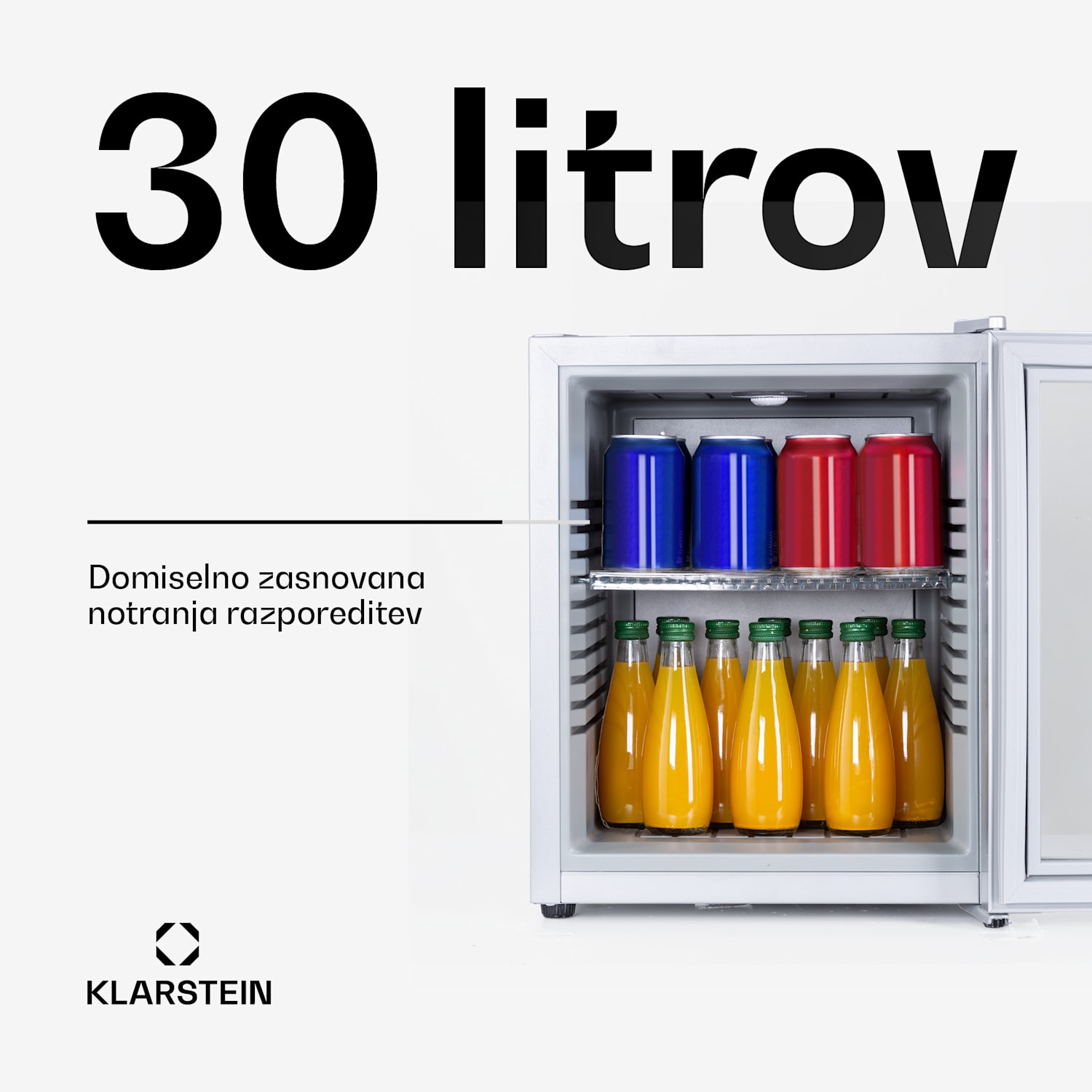 Brooklyn 32, mini hladilnik, s steklenimi vrati, LED osvetlitvijo, policami 30 litrov | Srebrna | Bela