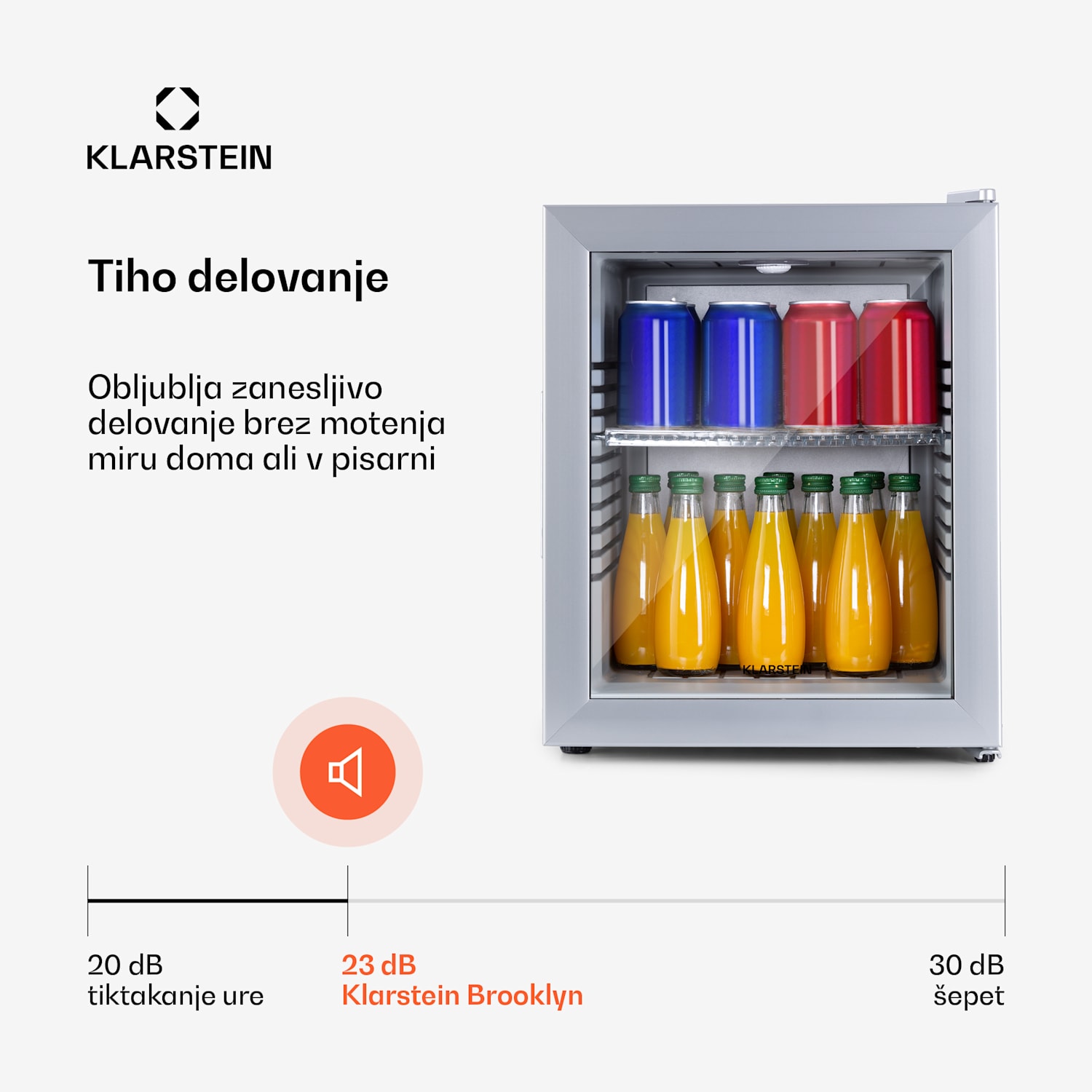 Brooklyn 32, mini hladilnik, s steklenimi vrati, LED osvetlitvijo, policami 30 litrov | Srebrna | Bela