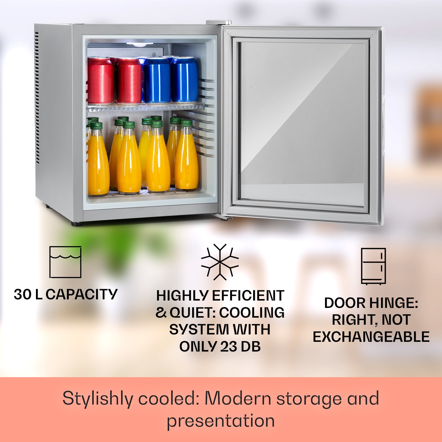 Brooklyn 32, mini-frigider, cu uși din sticla, iluminare LED, rafturi 30 litri | Argintiu metalizat