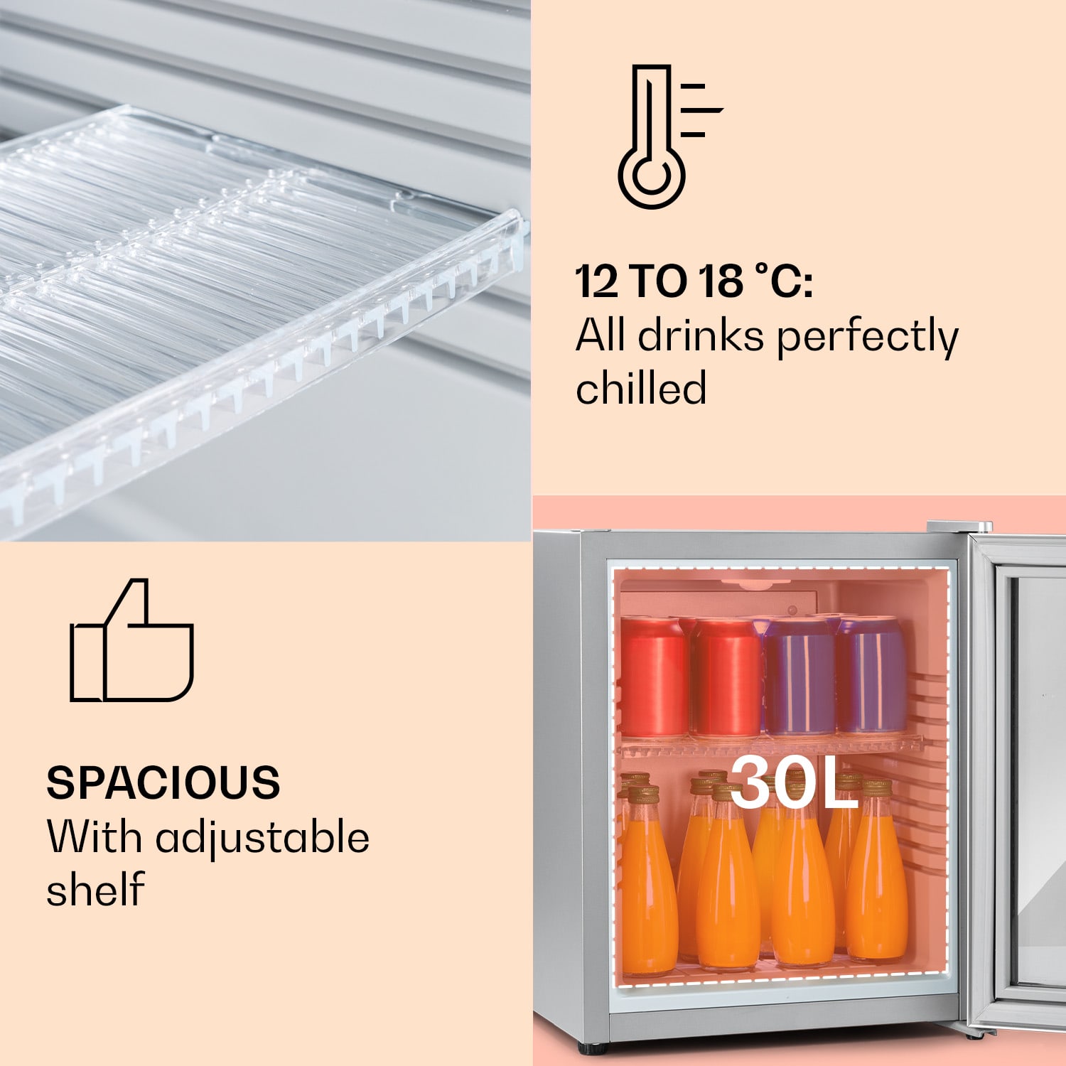 Brooklyn 32, mini-frigider, cu uși din sticla, iluminare LED, rafturi 30 litri | Argintiu metalizat