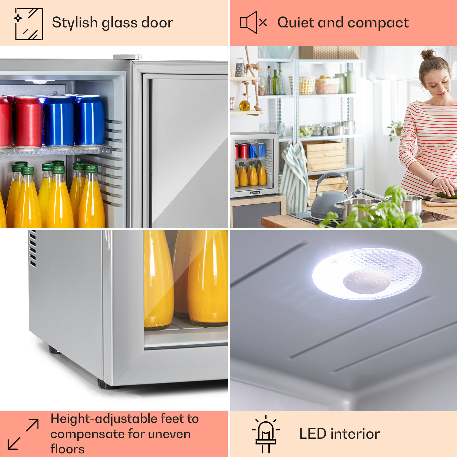 Brooklyn 32, mini-frigider, cu uși din sticla, iluminare LED, rafturi 30 litri | Argintiu metalizat