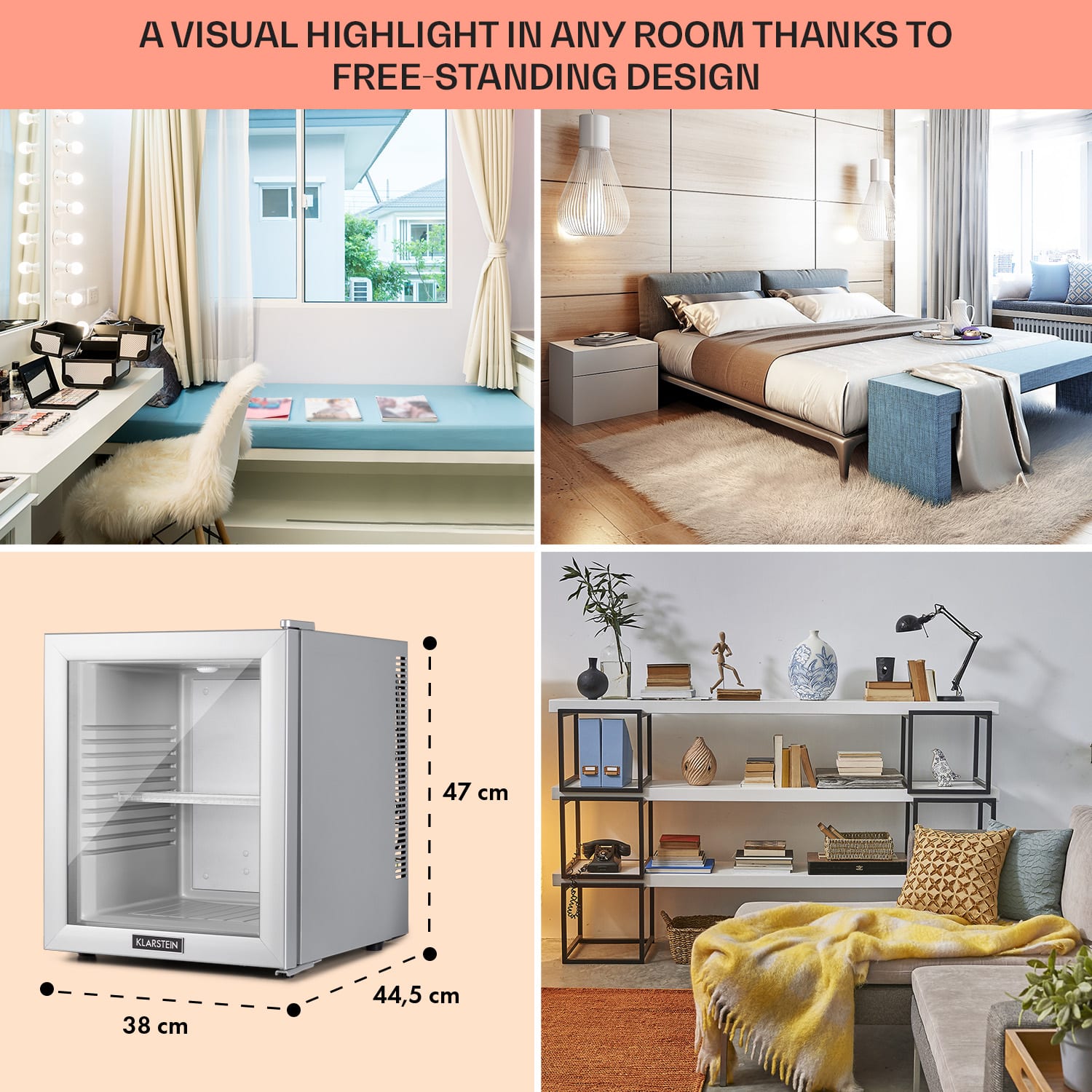 Brooklyn 32, mini-frigider, cu uși din sticla, iluminare LED, rafturi 30 litri | Argintiu metalizat