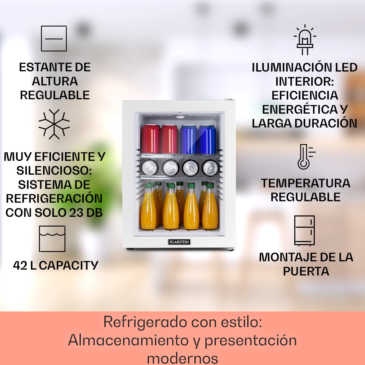 Mini frigorífico Brooklyn 42 puerta de cristal estante LED 42 L | Blanco | Blanco
