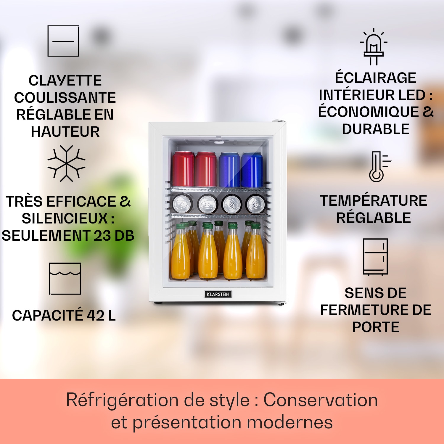Brooklyn 42 Mini-réfrigérateur porte vitrée compartiments LED 42 L | Blanc | Blanc