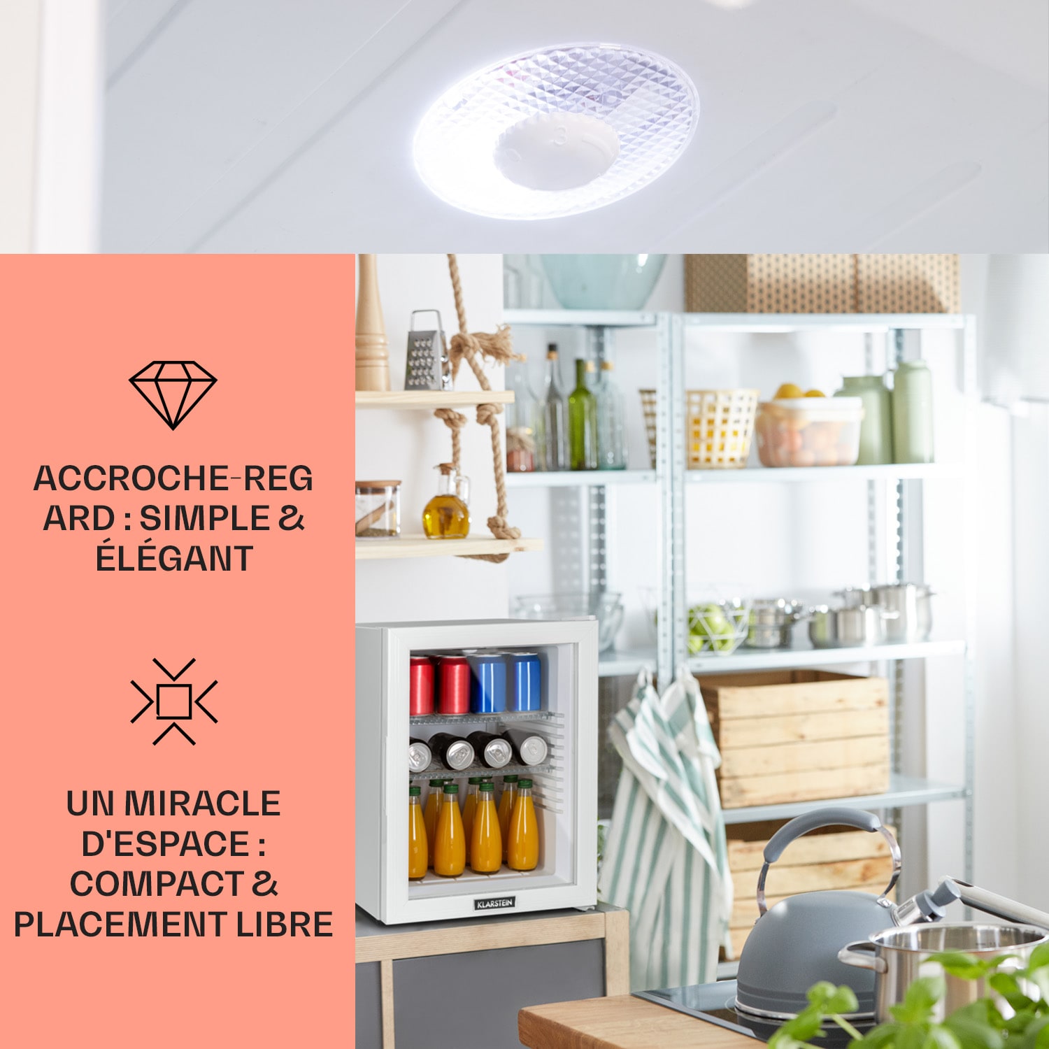 Brooklyn 42 Mini-réfrigérateur porte vitrée compartiments LED 42 L | Blanc | Blanc