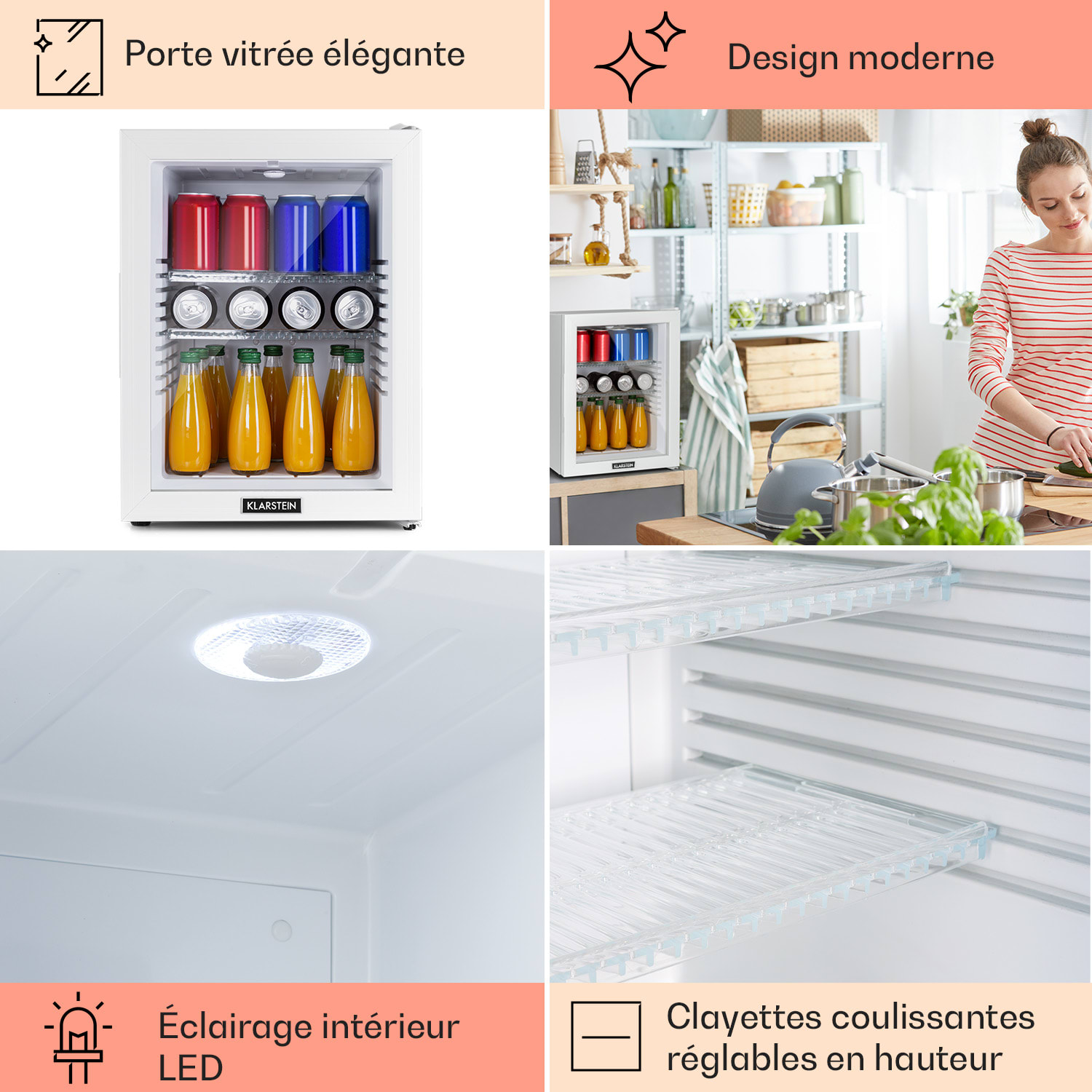 Brooklyn 42 Mini-réfrigérateur porte vitrée compartiments LED 42 L | Blanc | Blanc