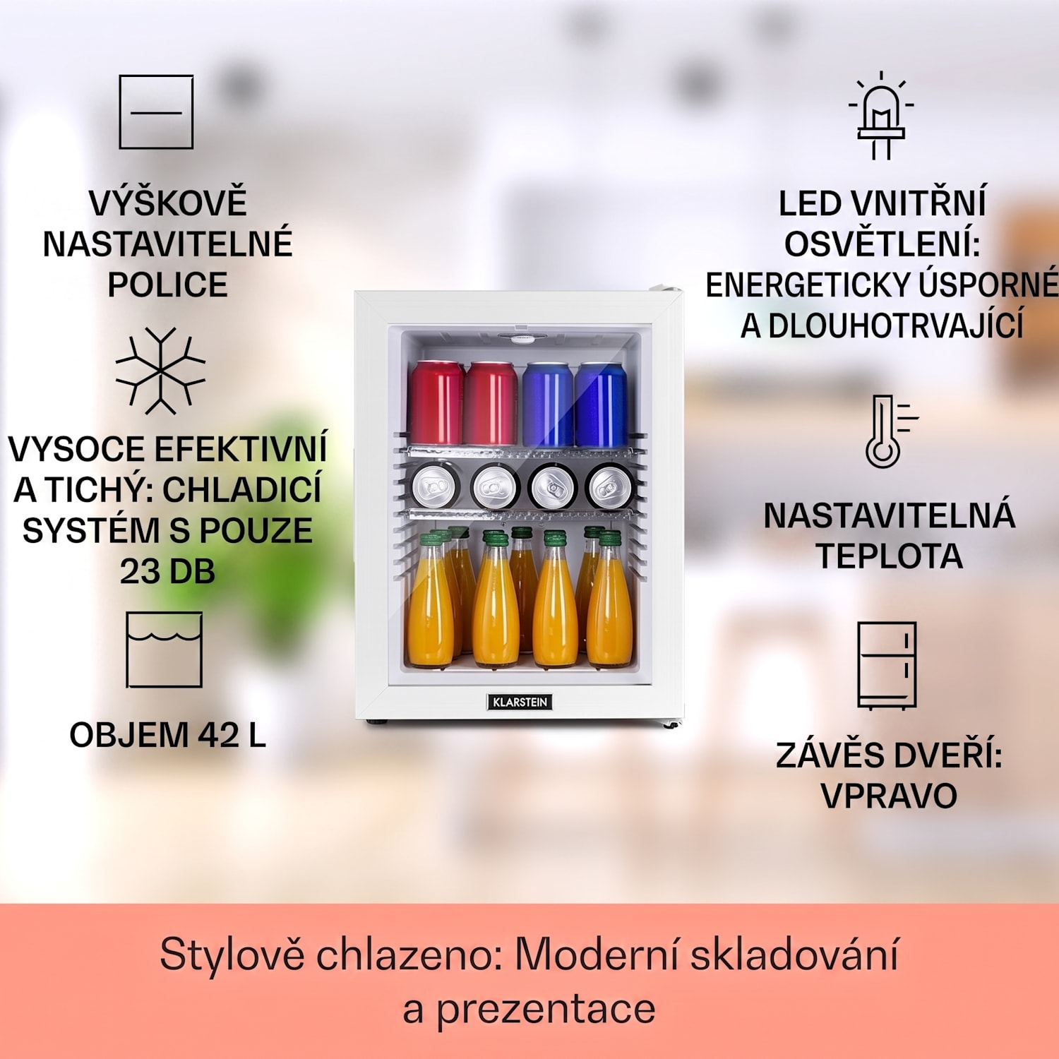 Brooklyn 42, mini lednice, energetická třída E, skleněné dveře, LED, police 42 L | Bílá | Bílá