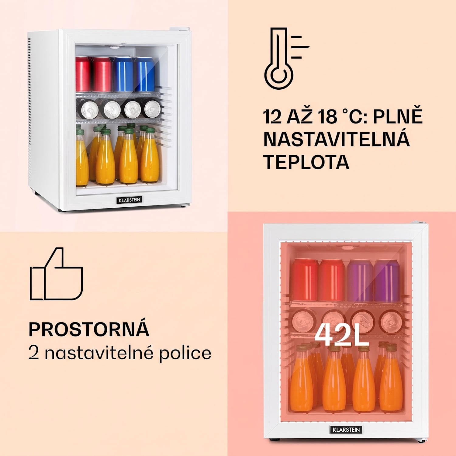Brooklyn 42, mini lednice, energetická třída E, skleněné dveře, LED, police 42 L | Bílá | Bílá