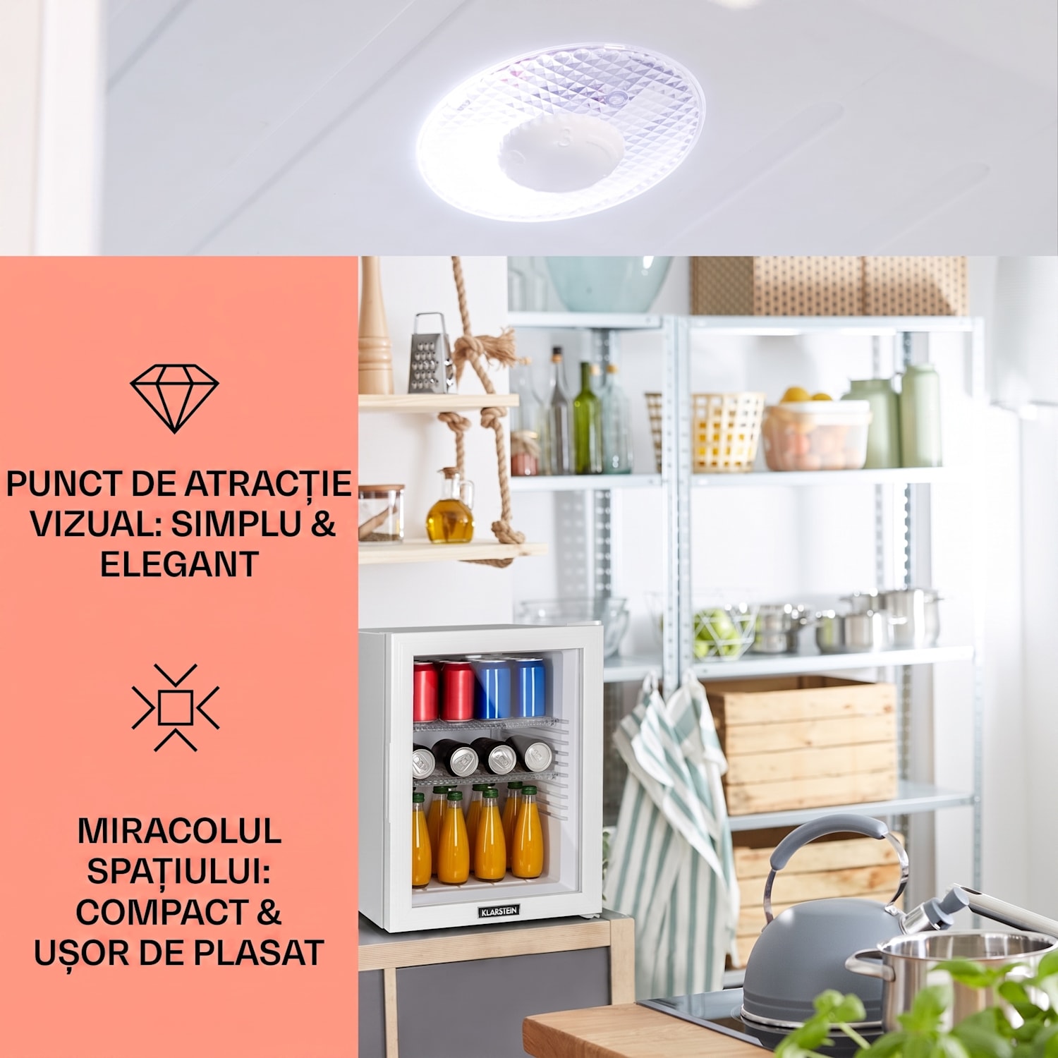 Brooklyn 42, mini-frigider, cu uși din sticla, iluminare LED, rafturi 42 L | Alb | Alb