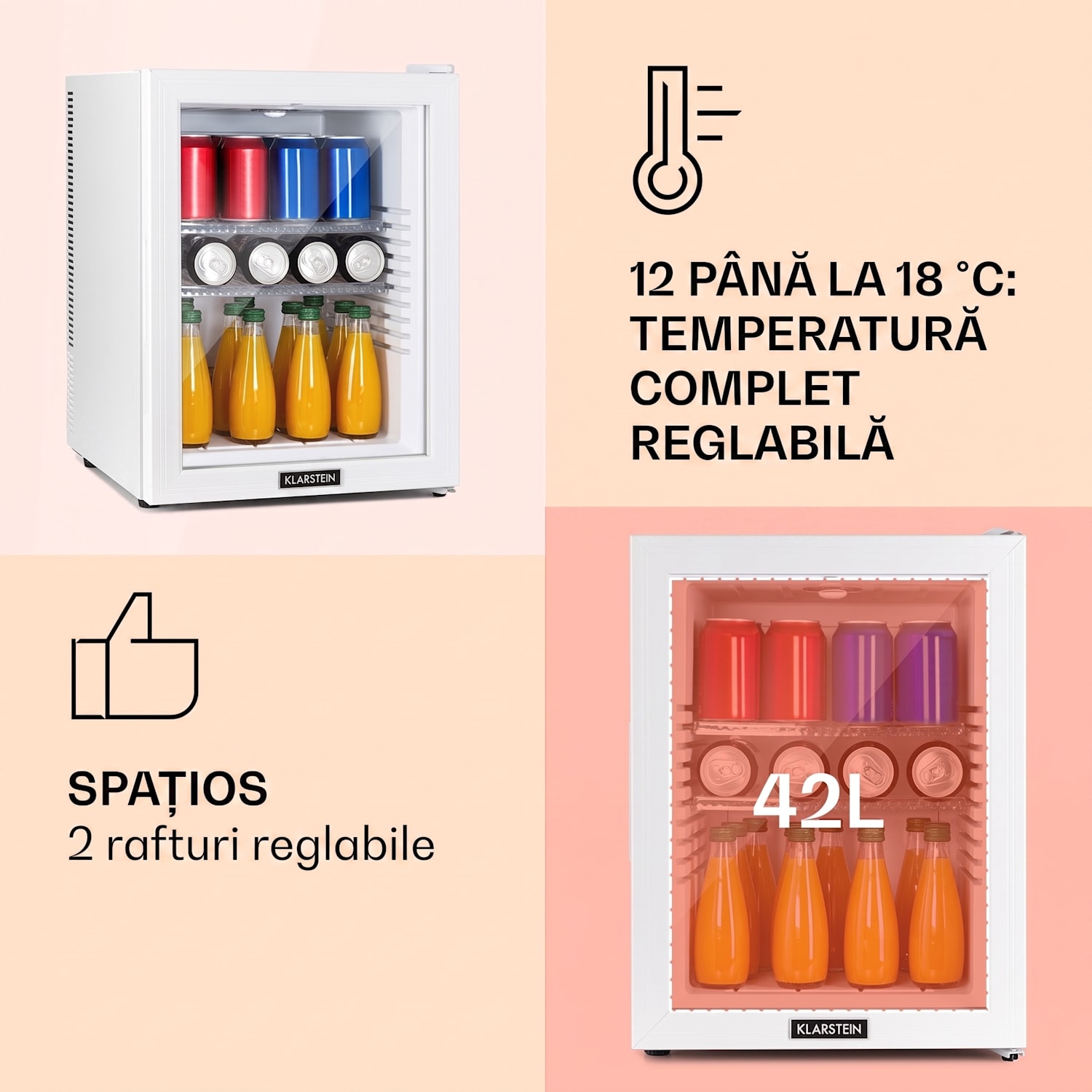 Brooklyn 42, mini-frigider, cu uși din sticla, iluminare LED, rafturi 42 L | Alb | Alb