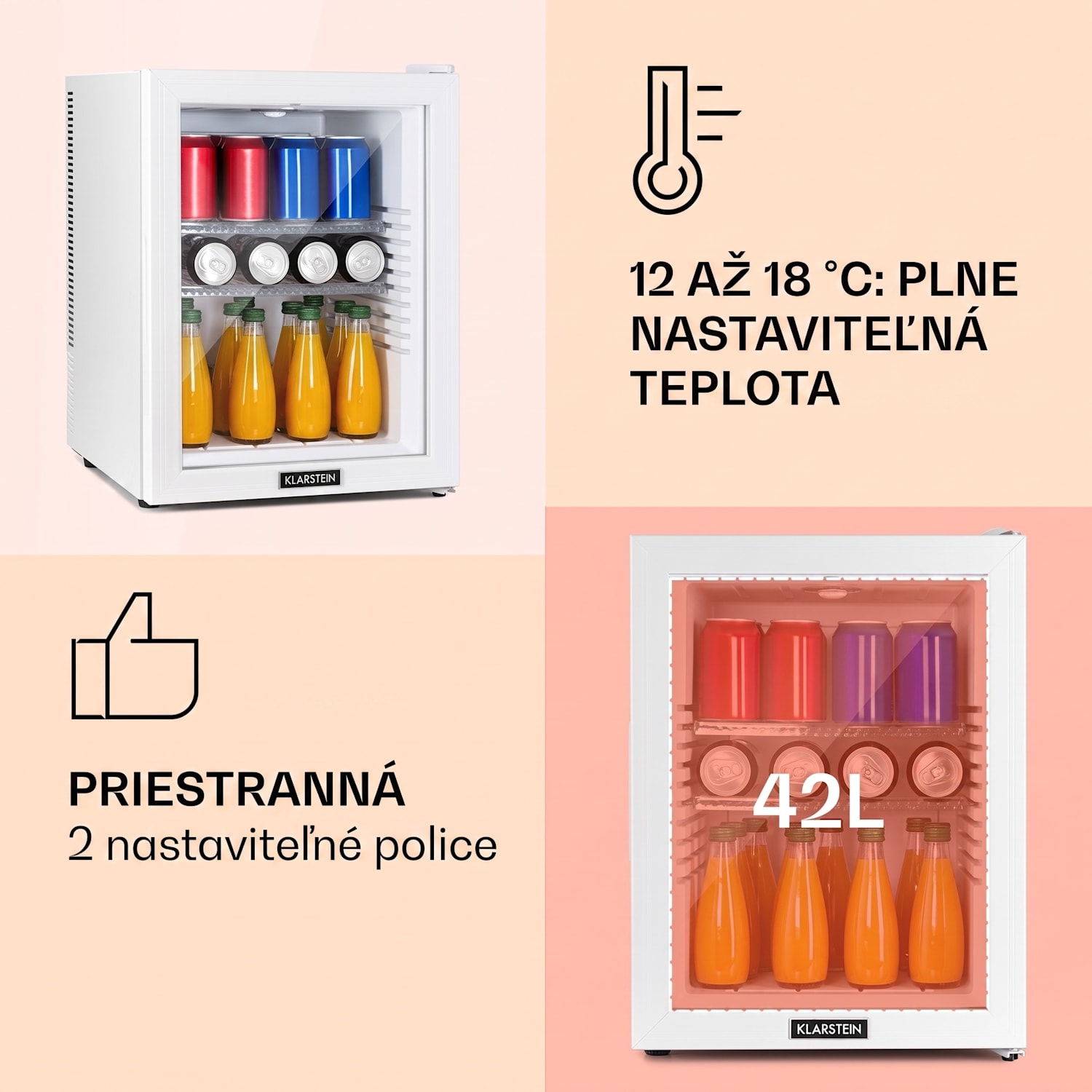 Brooklyn 42, mini chladnička, sklenené dvere, LED osvetlenie, police 42 L | Biela | Biela