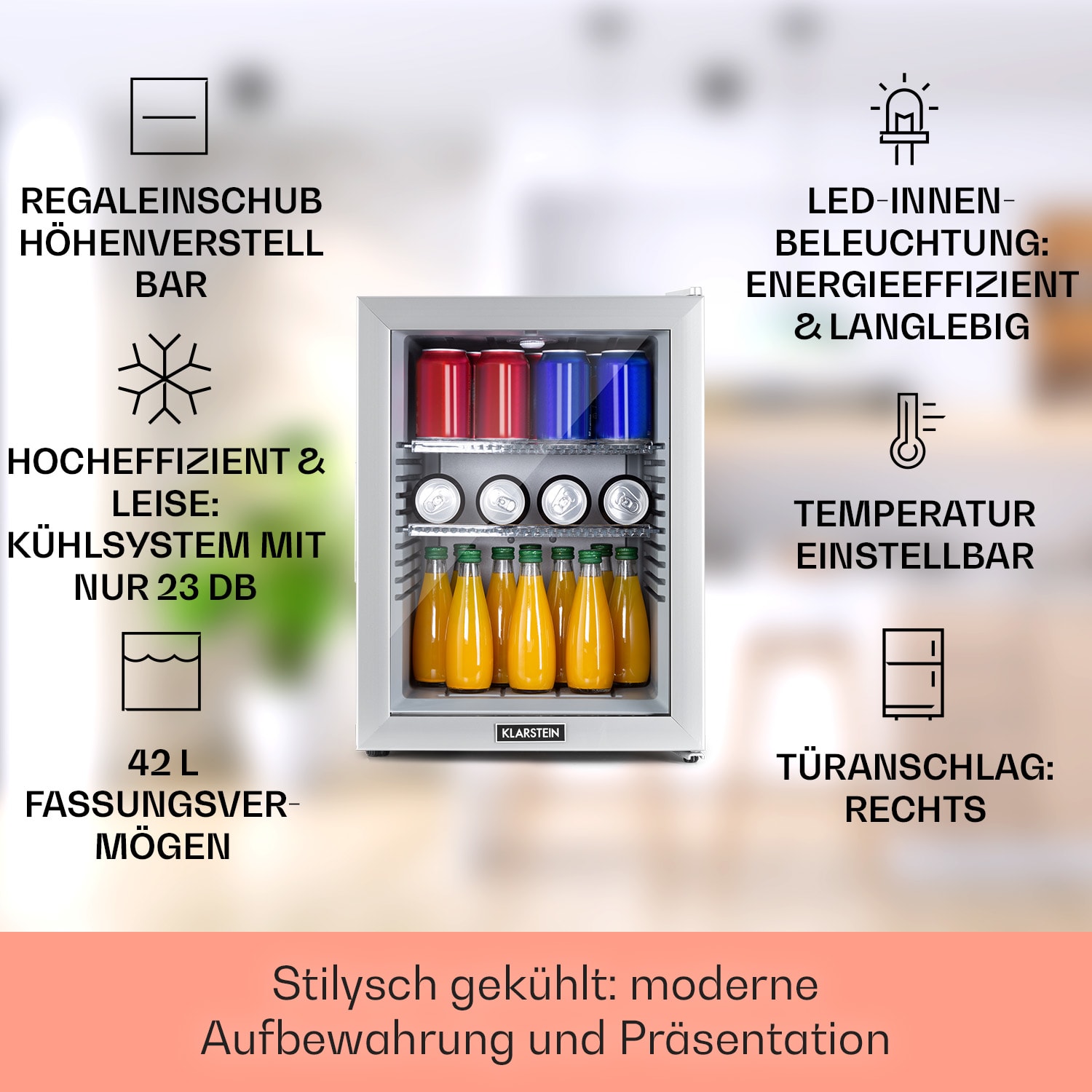 Brooklyn 42 Mini-Kühlschrank Glastür LED Ablage 42 L | Silber | Weiß