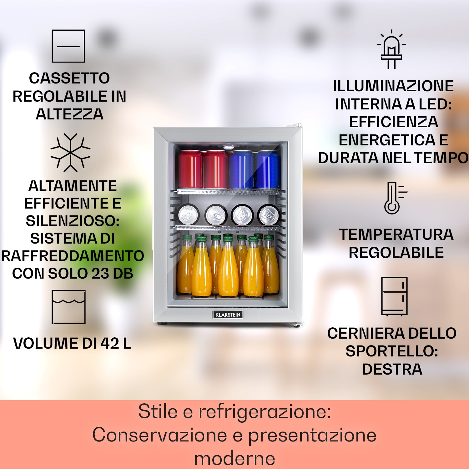 Brooklyn 42 mini frigo, sportello di vetro, LED, ripiano 42 L | Argento | Bianco