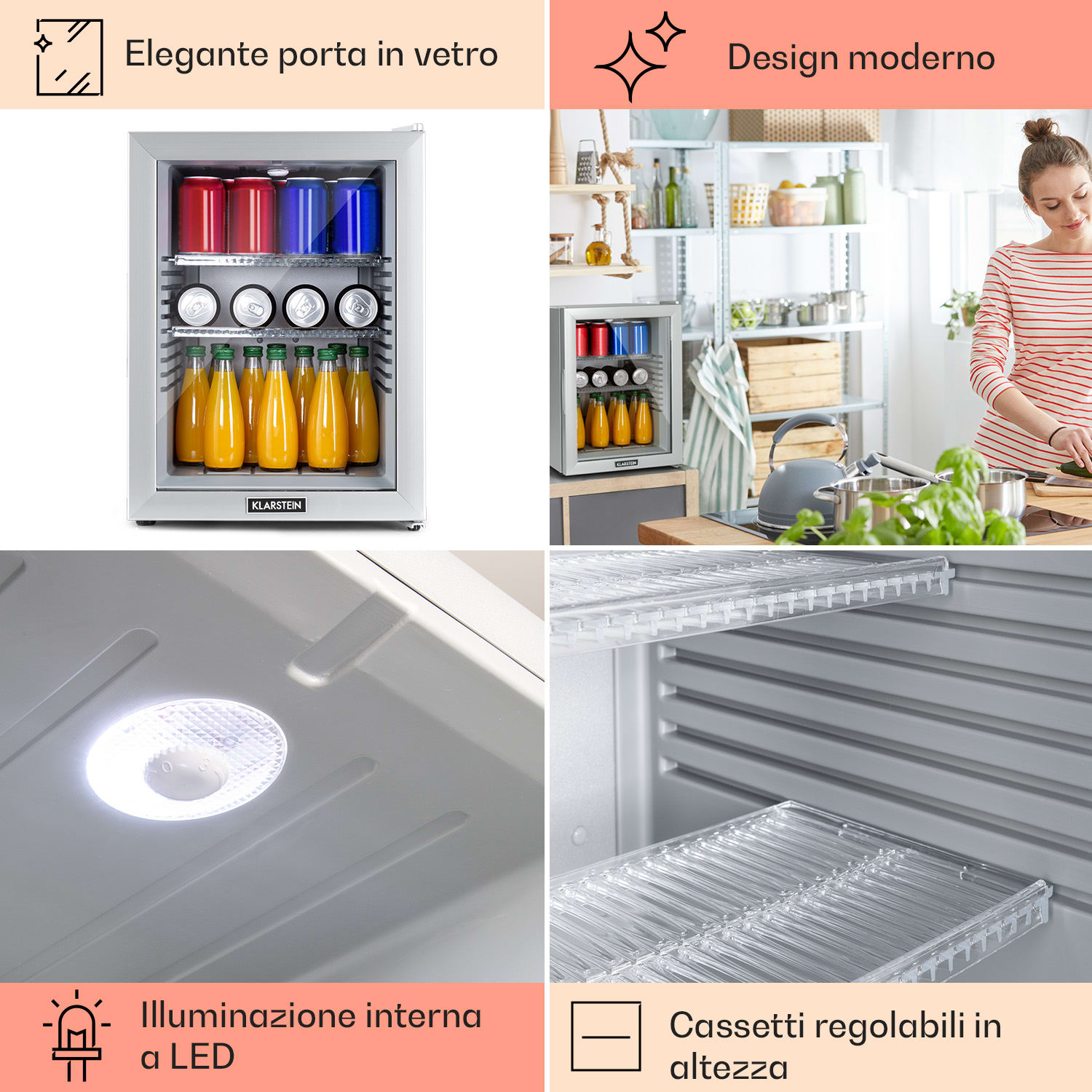 Brooklyn 42 mini frigo, sportello di vetro, LED, ripiano 42 L | Argento | Bianco