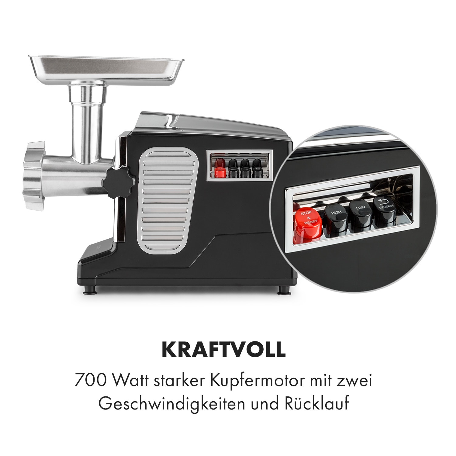 Kraftprotz elektrischer Fleischwolf 700 W Kupfermotor Hack Wurst Kebbe Edelstahl Schwarz