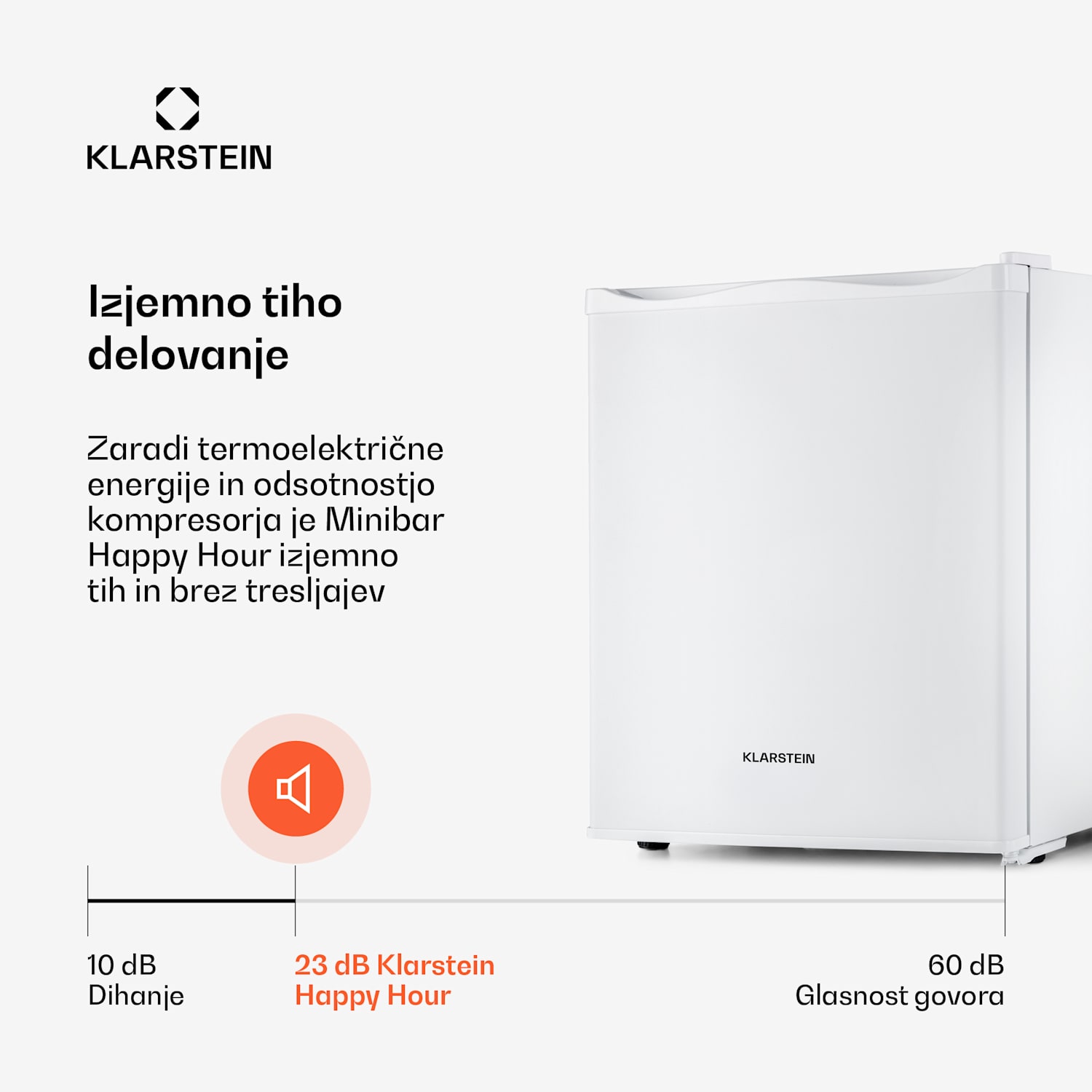 Happy Hour, minibar, 5-15 °C, EEK G, tiho delovanje 23 dB, LED-osvetlitev 23 Ltr | G | Bela