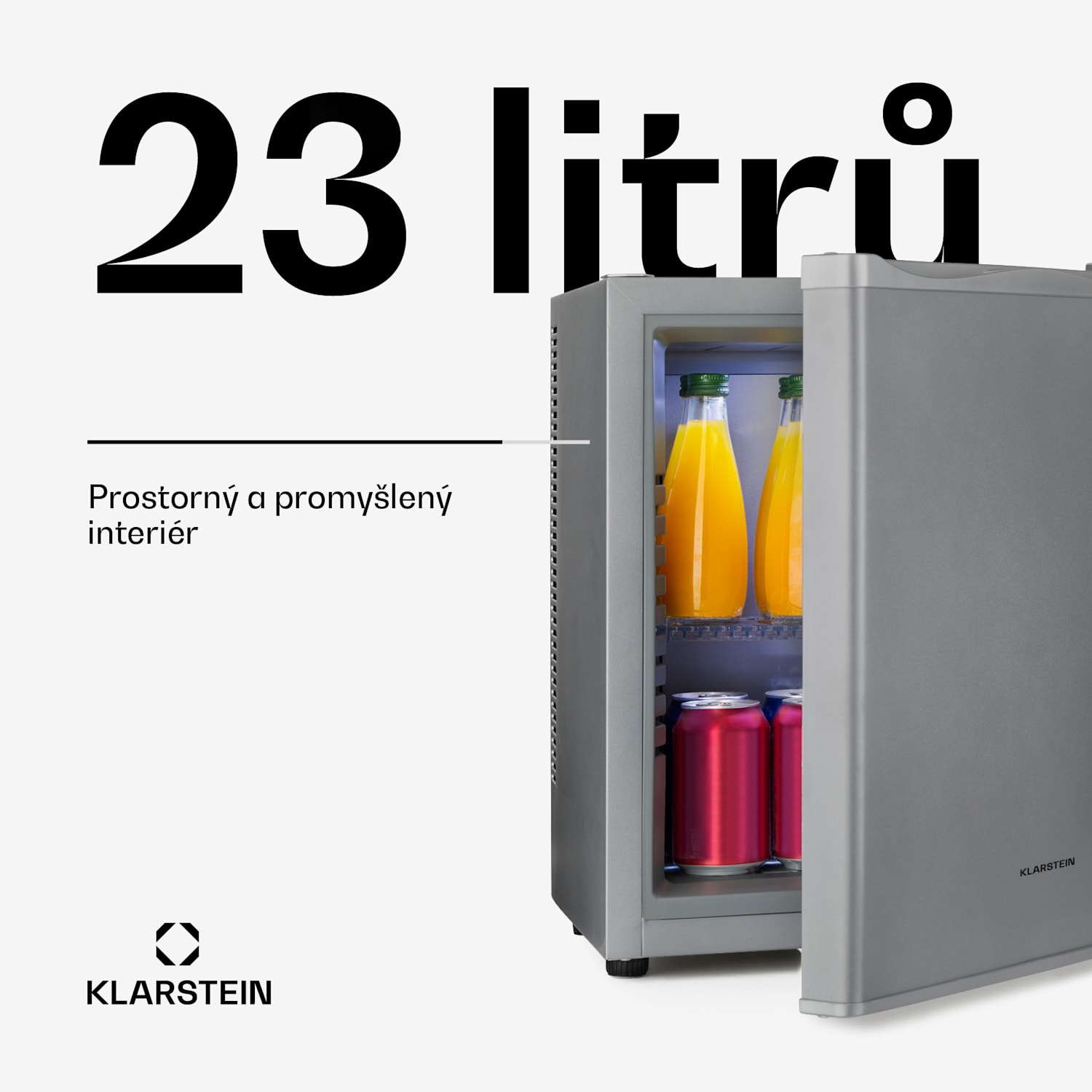 Happy Hour 23, minibar, 23 l, 5-15 °C, energetická třída G, tichý, 25 dB, LED osvětlení, stříbrný 23 litrů | G | Stříbrná