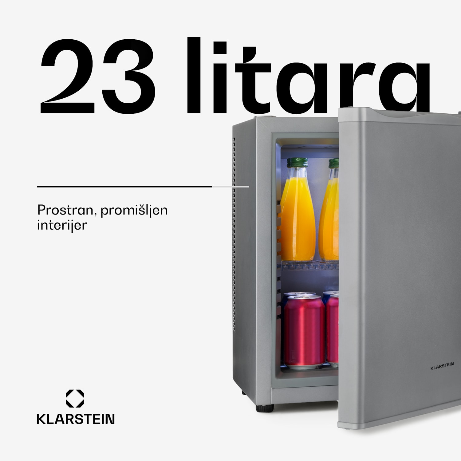 Happy Hour 23, minibar, 23 L, 5 - 15 ° C, energetska klasa G, tihi rad, 23 dB, LED svjetlo, srebrni 23 Ltr | G | Srebro
