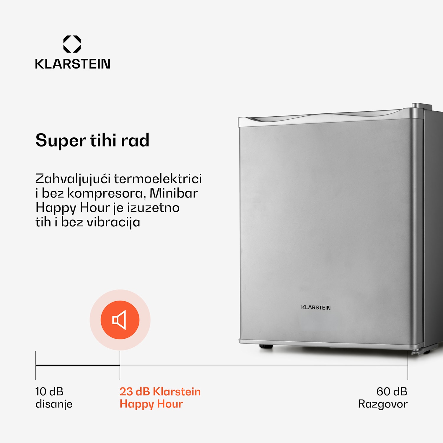 Happy Hour 23, minibar, 23 L, 5 - 15 ° C, energetska klasa G, tihi rad, 23 dB, LED svjetlo, srebrni 23 Ltr | G | Srebro