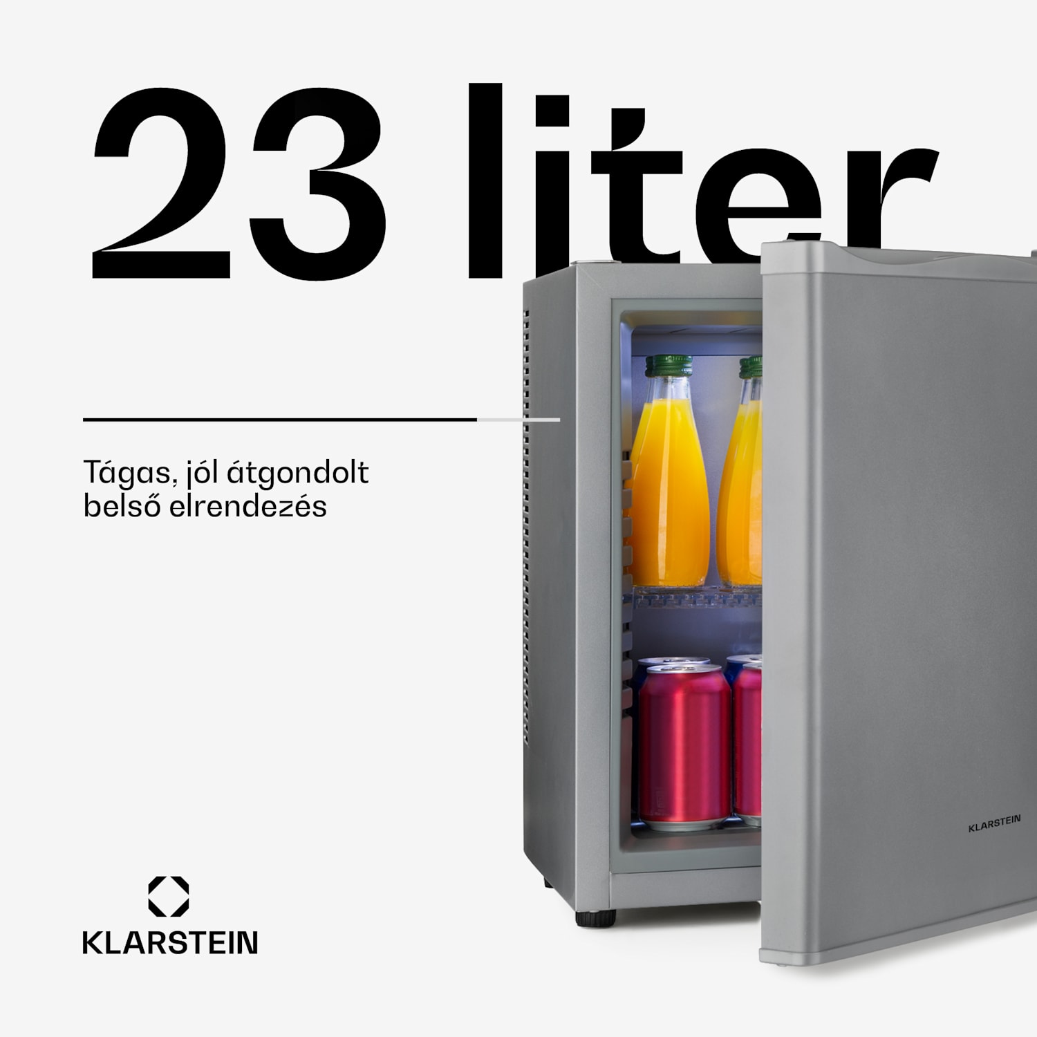 Happy Hour 23, minibár, 23 liter, 5 - 15 °C, G energiahatékonysági osztály, csendes, 23 dB, LED világítás, ezüst 23 Ltr | G | Ezüst