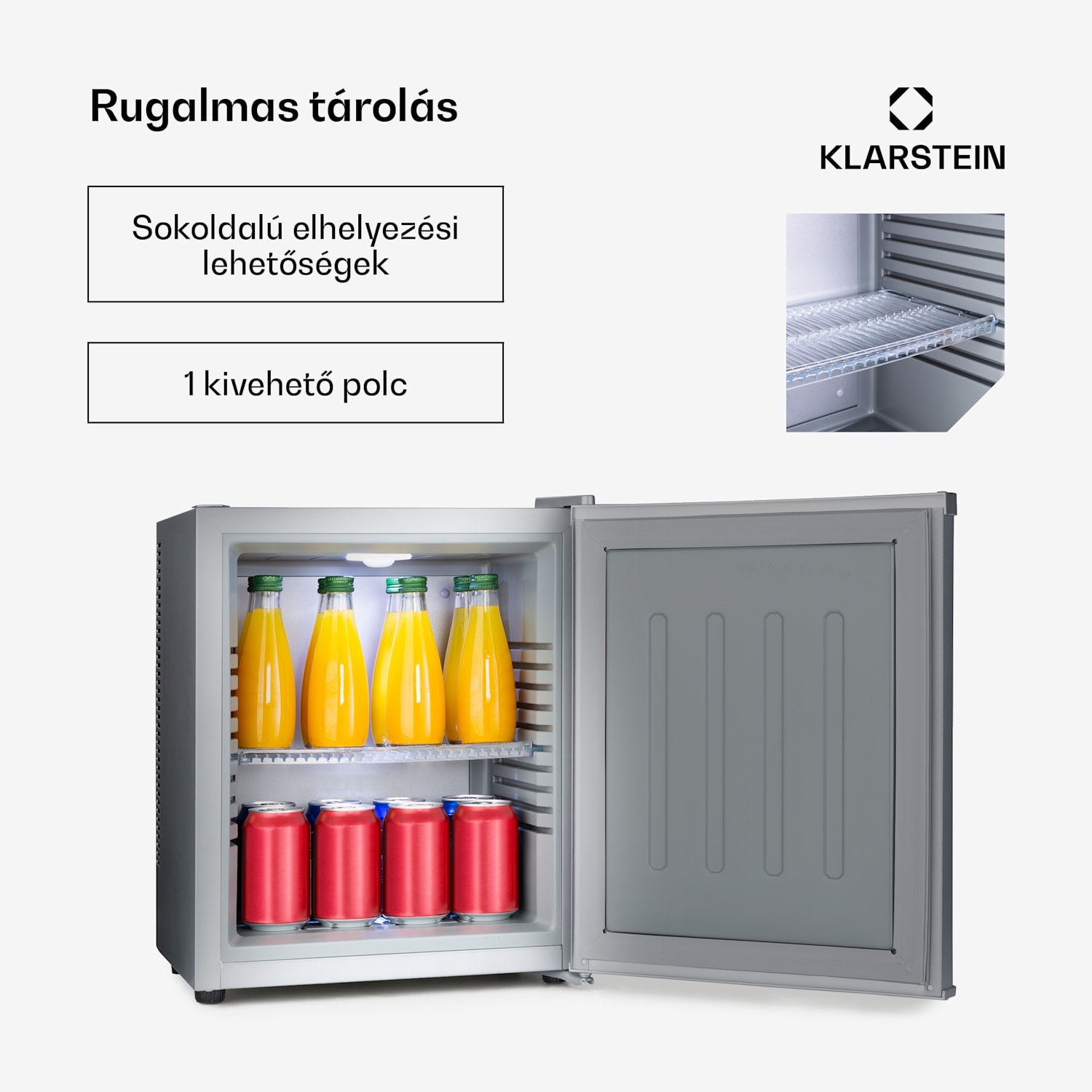 Happy Hour 23, minibár, 23 liter, 5 - 15 °C, G energiahatékonysági osztály, csendes, 23 dB, LED világítás, ezüst 23 Ltr | G | Ezüst