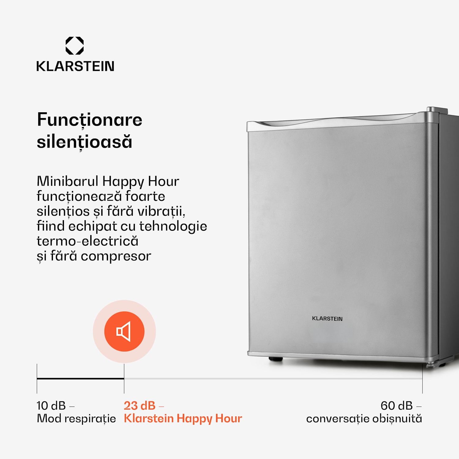 Happy Hour 23, minibar, 23 l, 5 - 15 °C, clasa energetică G, silențios, 23 dB, lumină LED, argintiu 23 Ltr | G | Argintiu