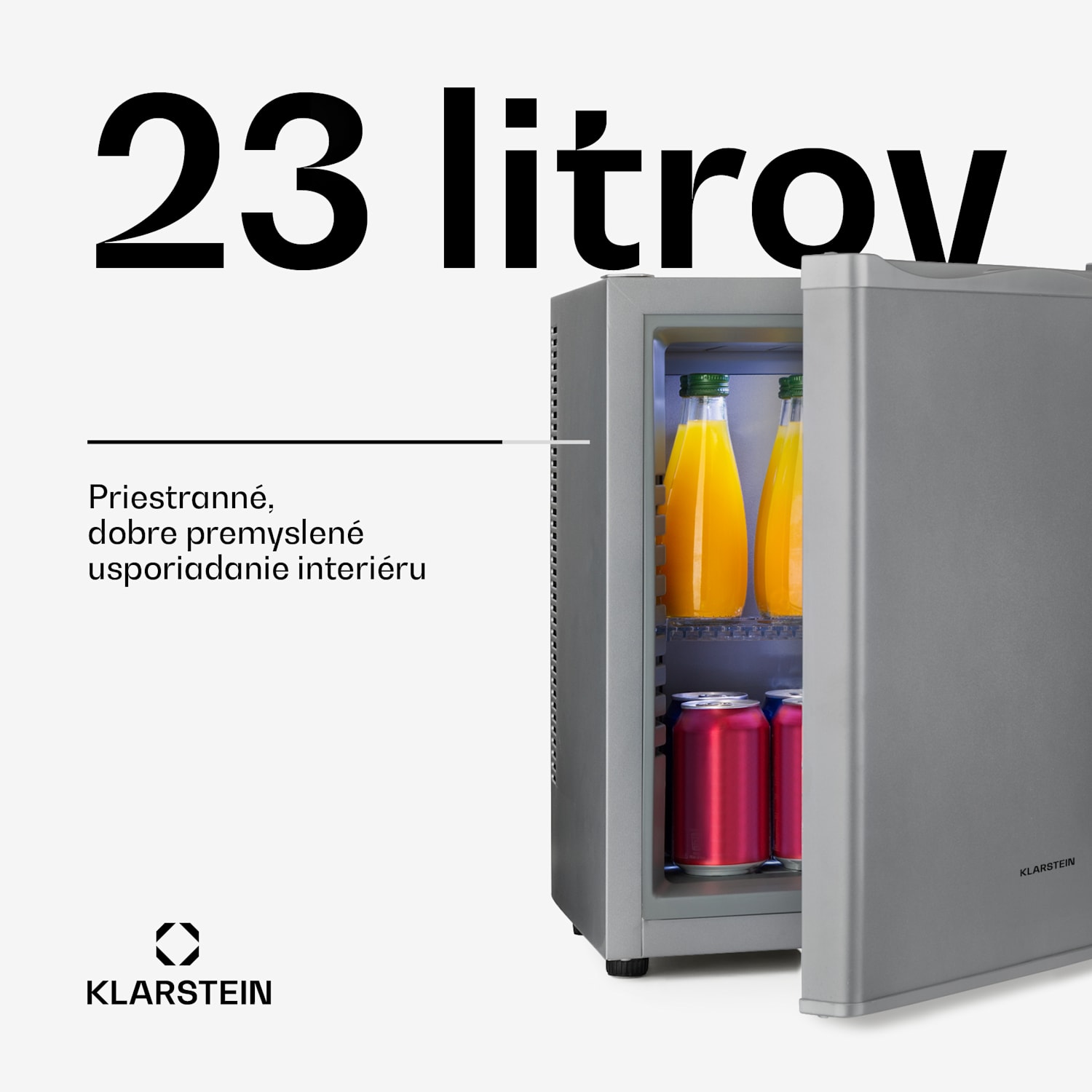 Happy Hour 23, minibar, 23 l, 5-15°C, energet. trieda G, tichý, 23 dB, LED svetlo, strieborný 23 litrov | G | Strieborná