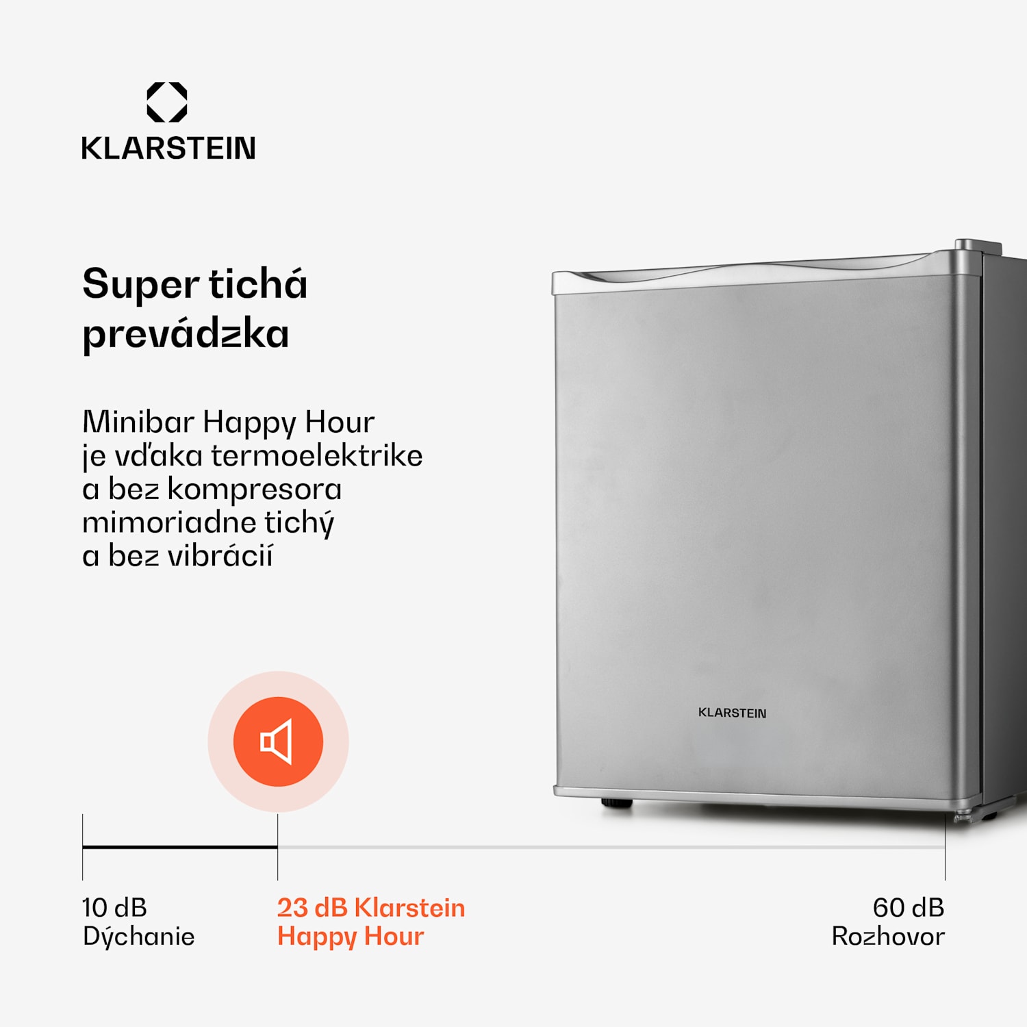 Happy Hour 23, minibar, 23 l, 5-15°C, energet. trieda G, tichý, 23 dB, LED svetlo, strieborný 23 litrov | G | Strieborná