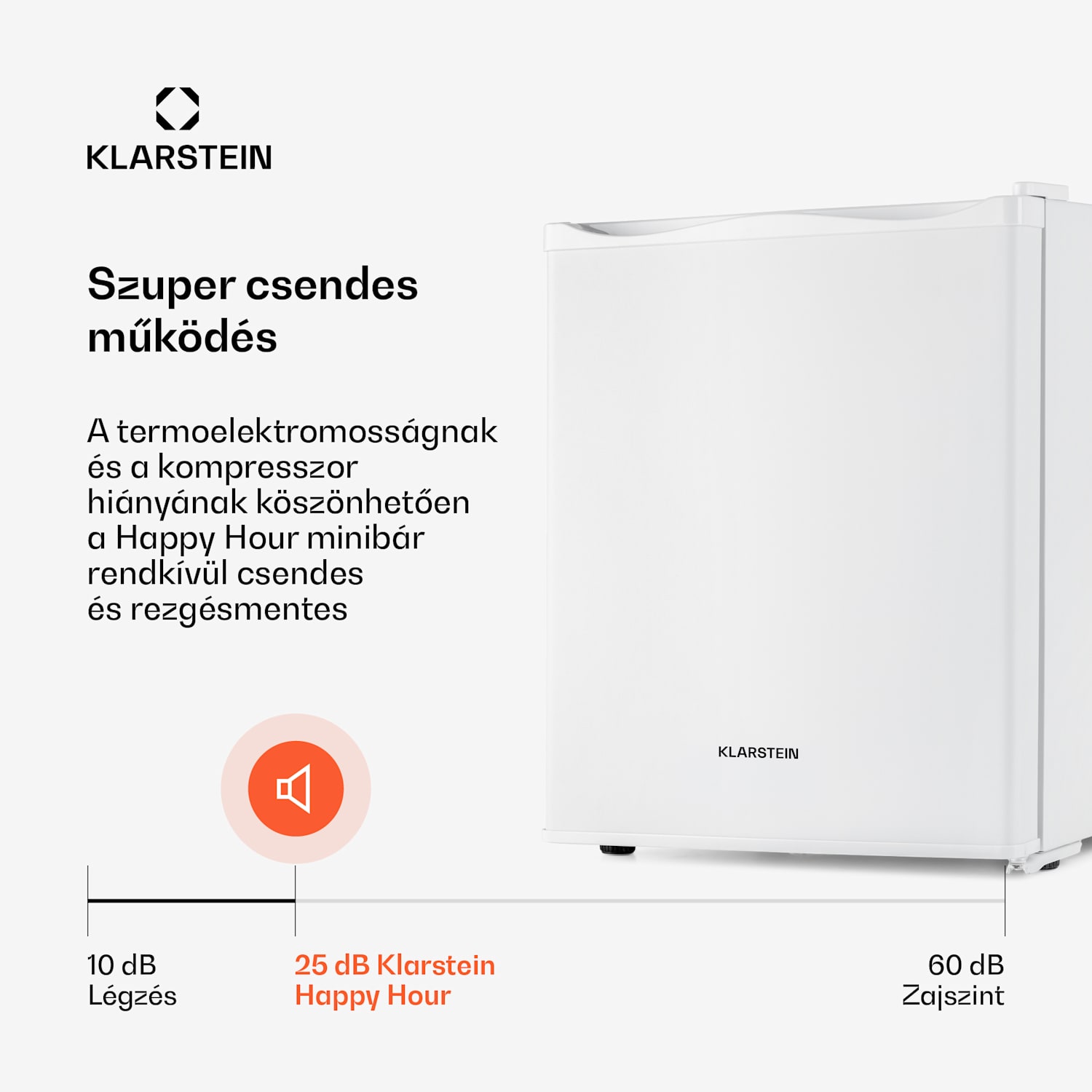 Happy Hour 30, minibár, 30 liter, 5 - 15 °C, G energiahatékonysági osztály, csendes, 25 dB, LED világítás, fehér 30 liter | F | Fehér