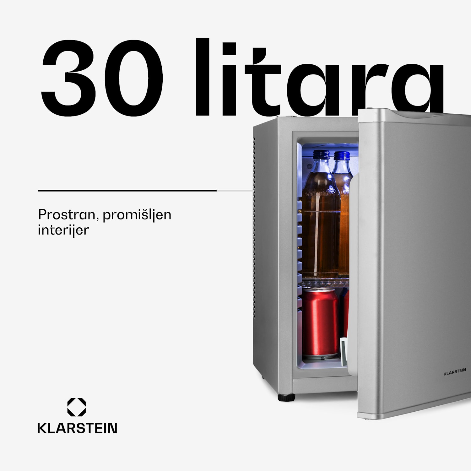 Happy Hour 30, minibar, 30 L, 5 - 15 ° C, energetska klasa G, tihi rad, 25 dB, LED svjetlo, srebrni 56 Ltr | F | Srebro