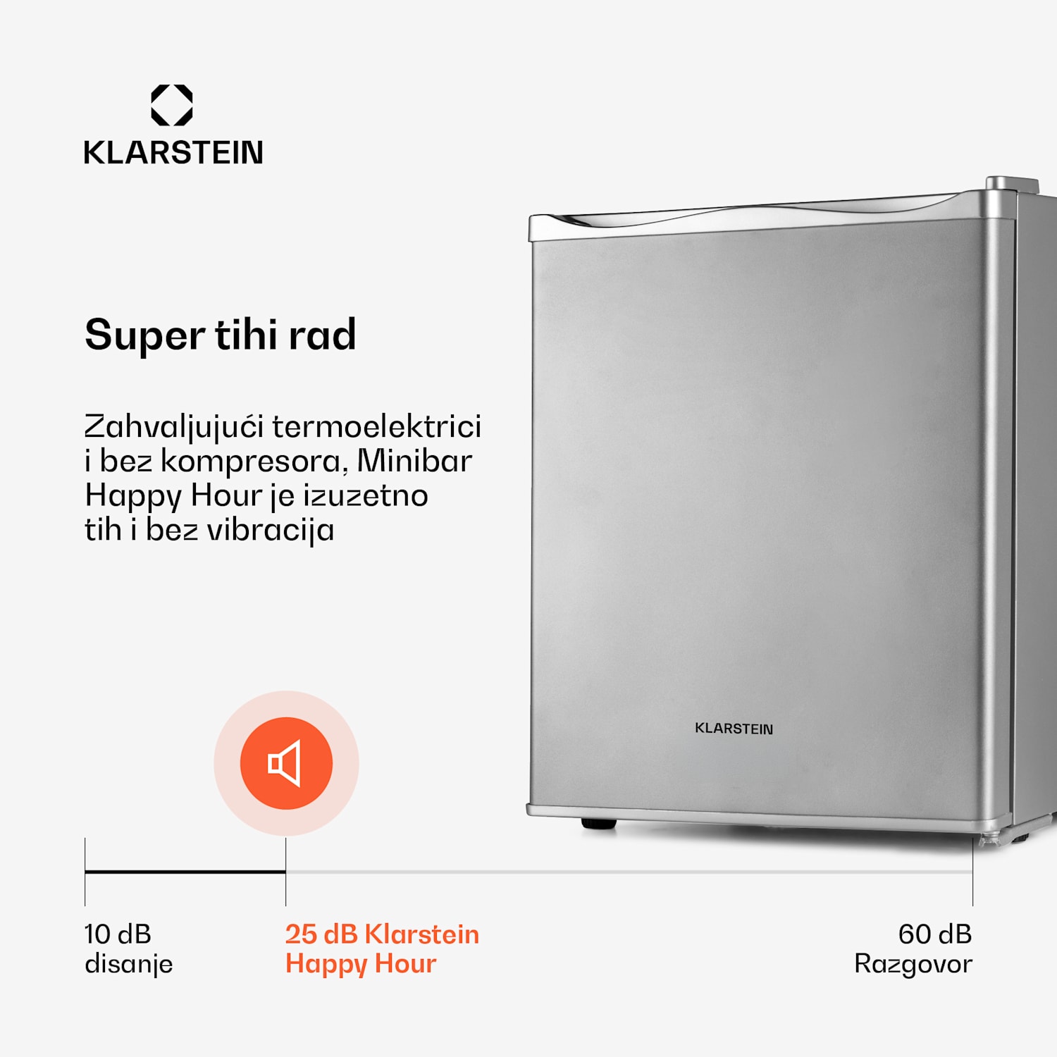 Happy Hour 30, minibar, 30 L, 5 - 15 ° C, energetska klasa G, tihi rad, 25 dB, LED svjetlo, srebrni 56 Ltr | F | Srebro