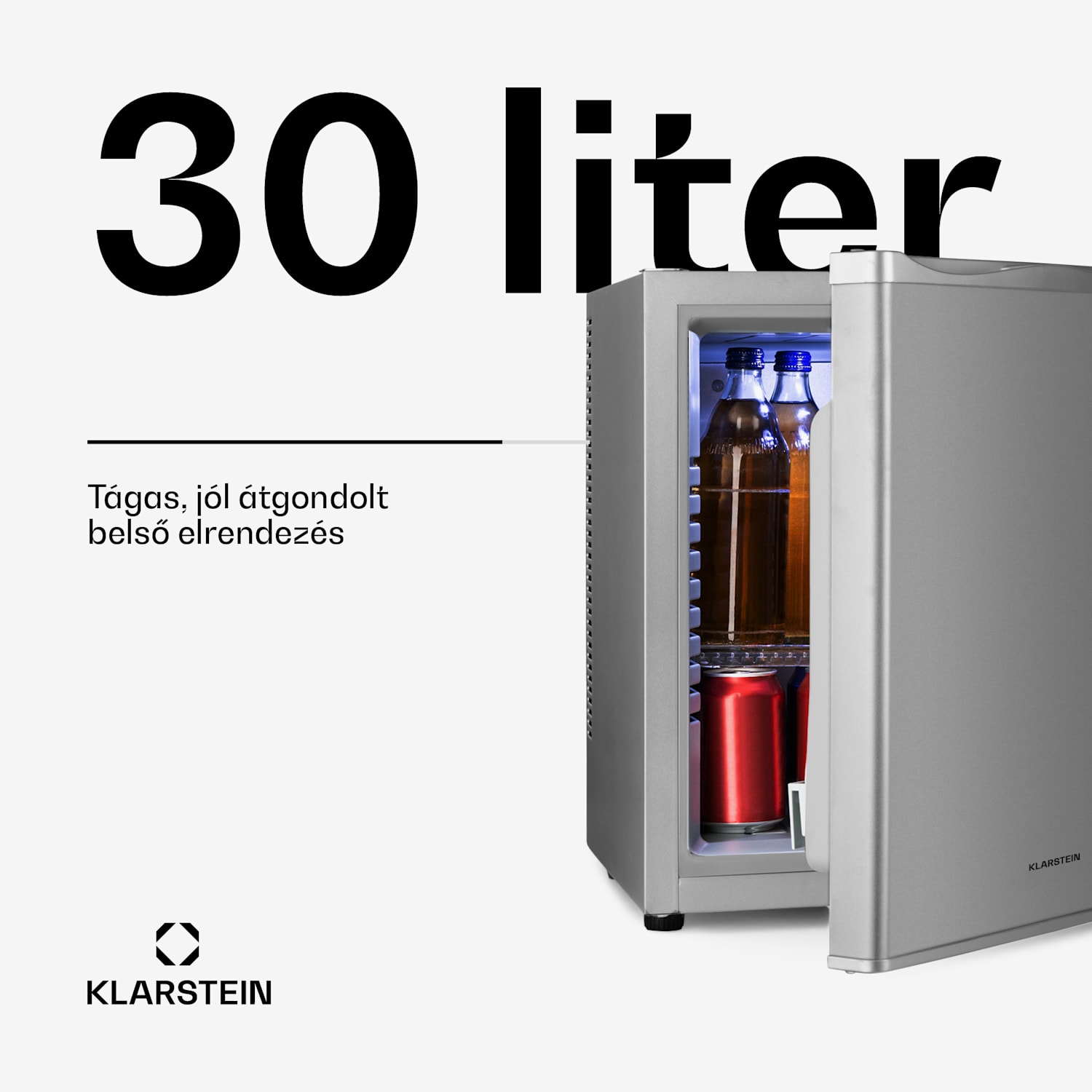 Happy Hour 30, minibár, 30 liter, 5 - 15 °C, G energiahatékonysági osztály, csendes, 25 dB, LED világítás, fehér 56 Ltr | F | Ezüst