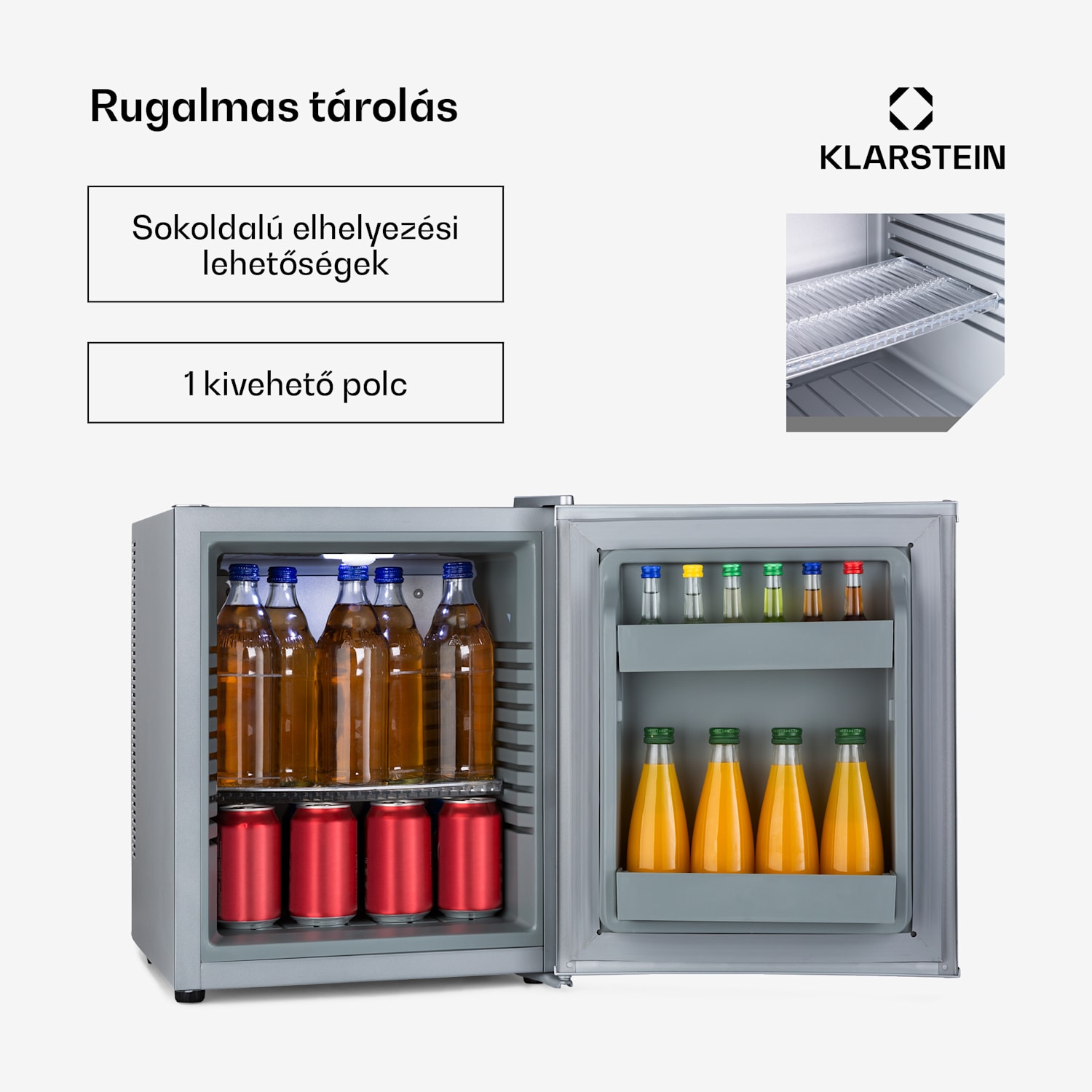 Happy Hour 30, minibár, 30 liter, 5 - 15 °C, G energiahatékonysági osztály, csendes, 25 dB, LED világítás, fehér 56 Ltr | F | Ezüst