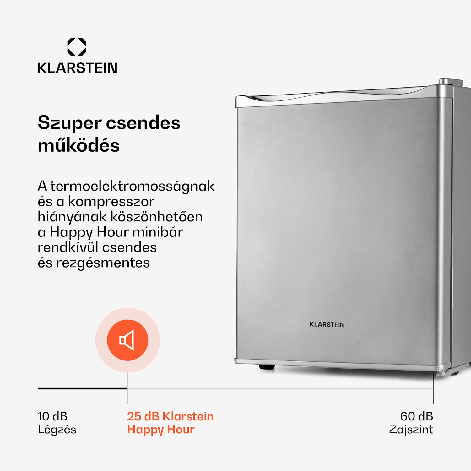 Happy Hour 30, minibár, 30 liter, 5 - 15 °C, G energiahatékonysági osztály, csendes, 25 dB, LED világítás, fehér 56 Ltr | F | Ezüst