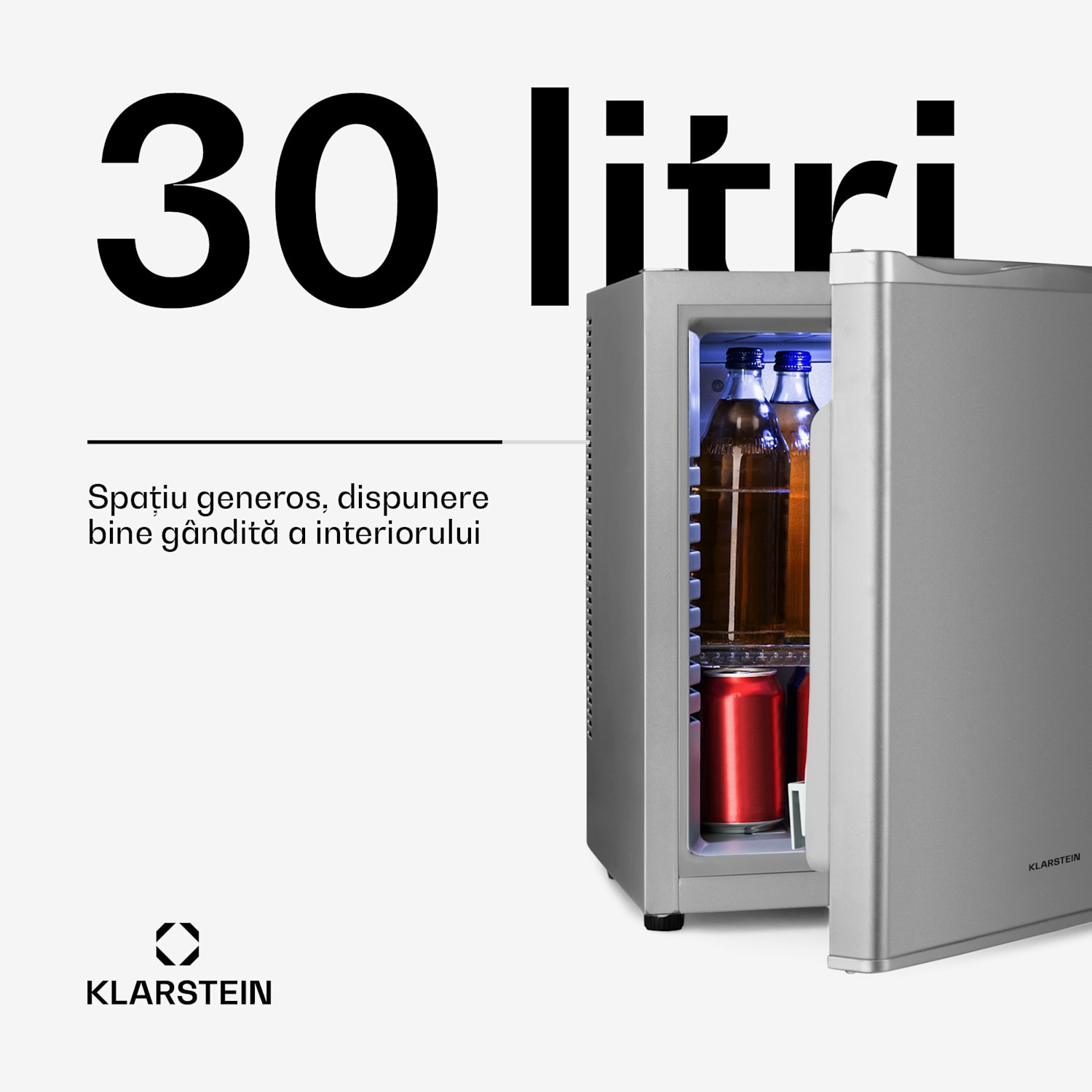 Happy Hour 30, minibar, 30 l, 5 - 15 °C, clasa energetică G, silențios, 25 dB, lumină LED, argintiu 56 Ltr | F | Argintiu