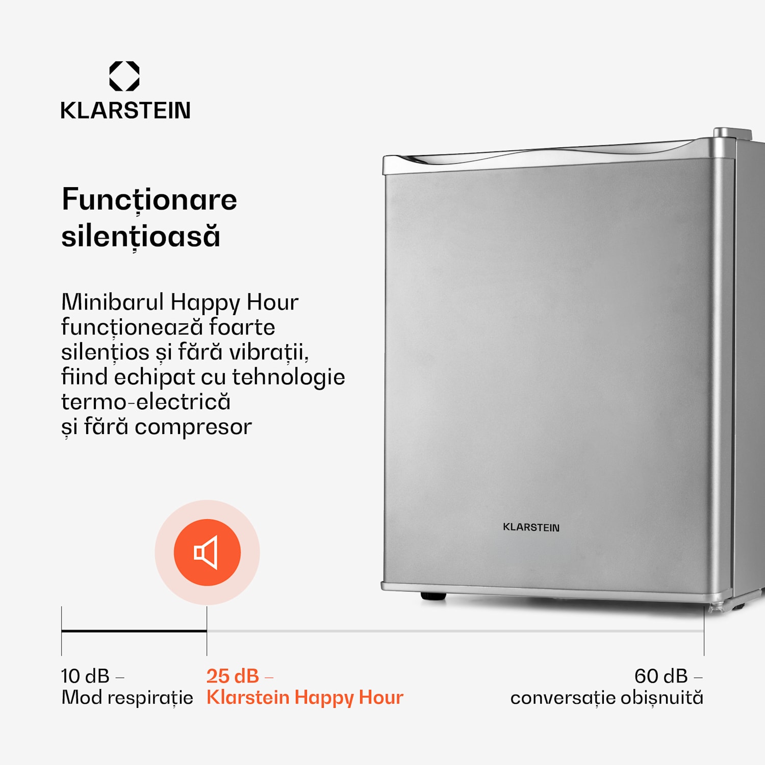Happy Hour 30, minibar, 30 l, 5 - 15 °C, clasa energetică G, silențios, 25 dB, lumină LED, argintiu 56 Ltr | F | Argintiu