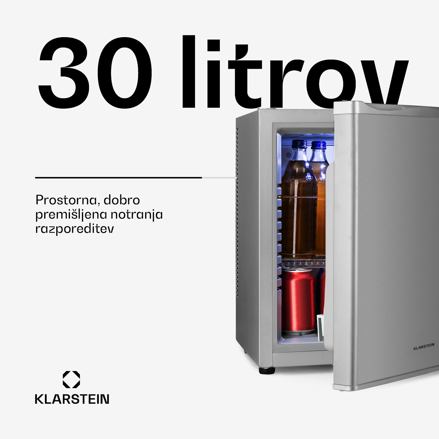 Happy Hour 30, minibar, 30 l, 5-15 °C, energijski razred G, tiho delovanje, 25 dB, LED osvetlitev, srebrna 56 Ltr | F | Srebrna