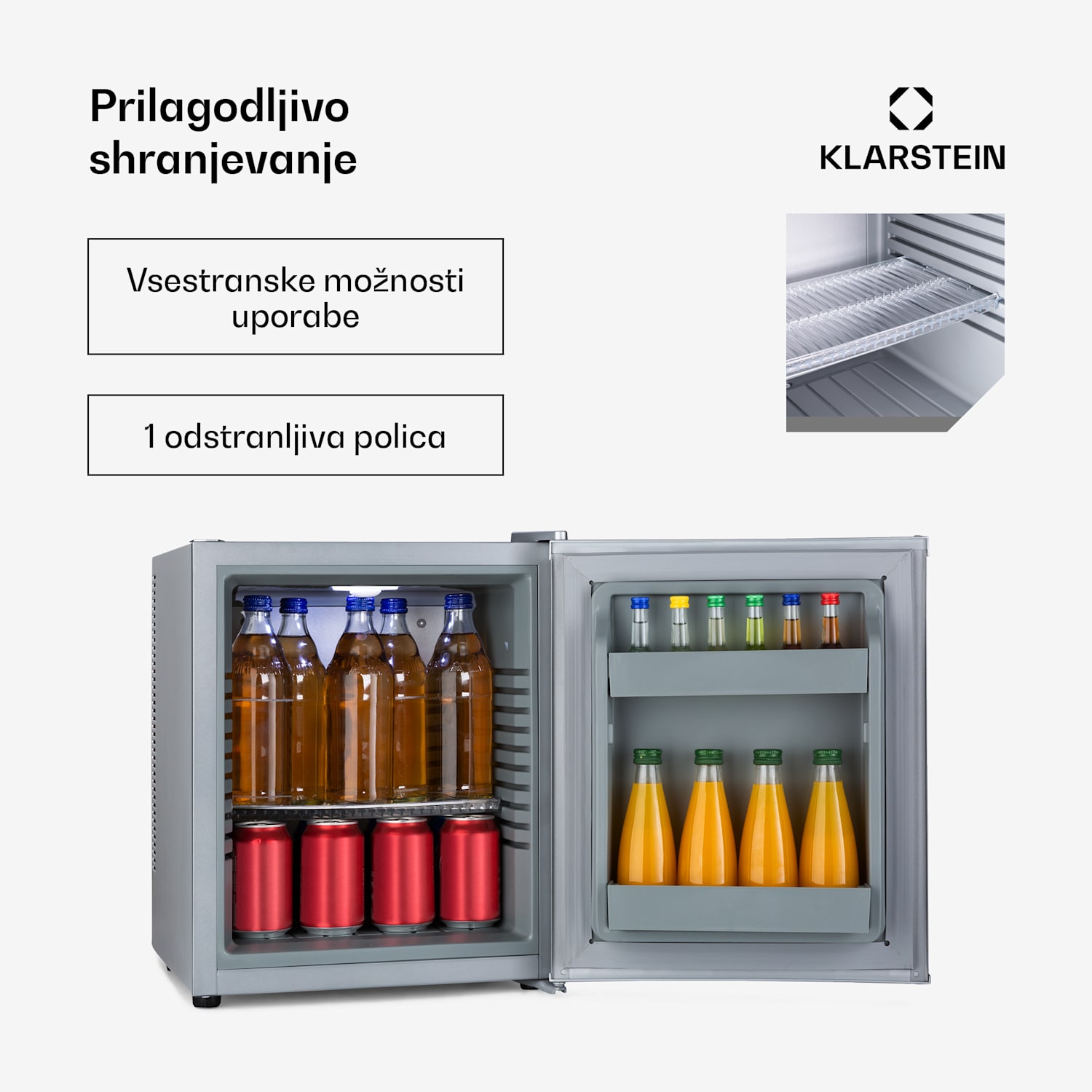 Happy Hour 30, minibar, 30 l, 5-15 °C, energijski razred G, tiho delovanje, 25 dB, LED osvetlitev, srebrna 56 Ltr | F | Srebrna