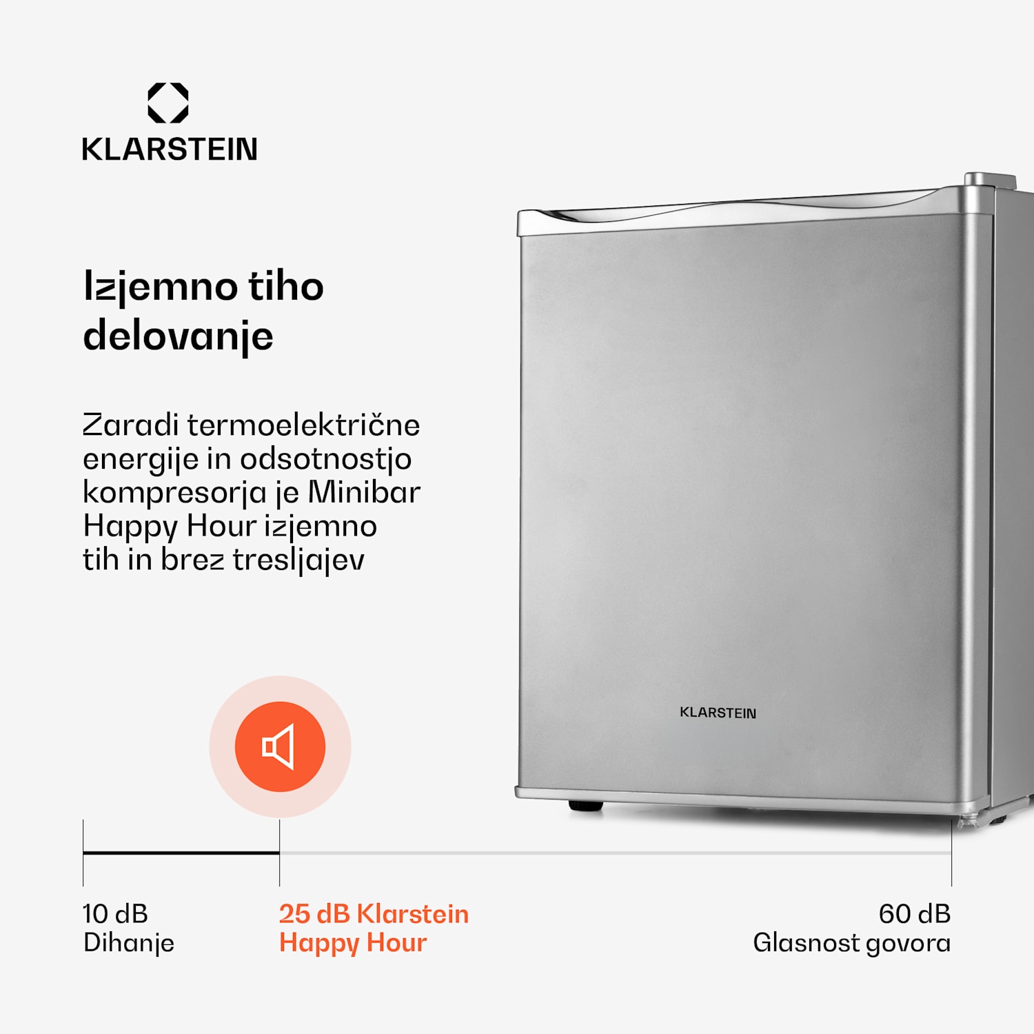 Happy Hour 30, minibar, 30 l, 5-15 °C, energijski razred G, tiho delovanje, 25 dB, LED osvetlitev, srebrna 56 Ltr | F | Srebrna