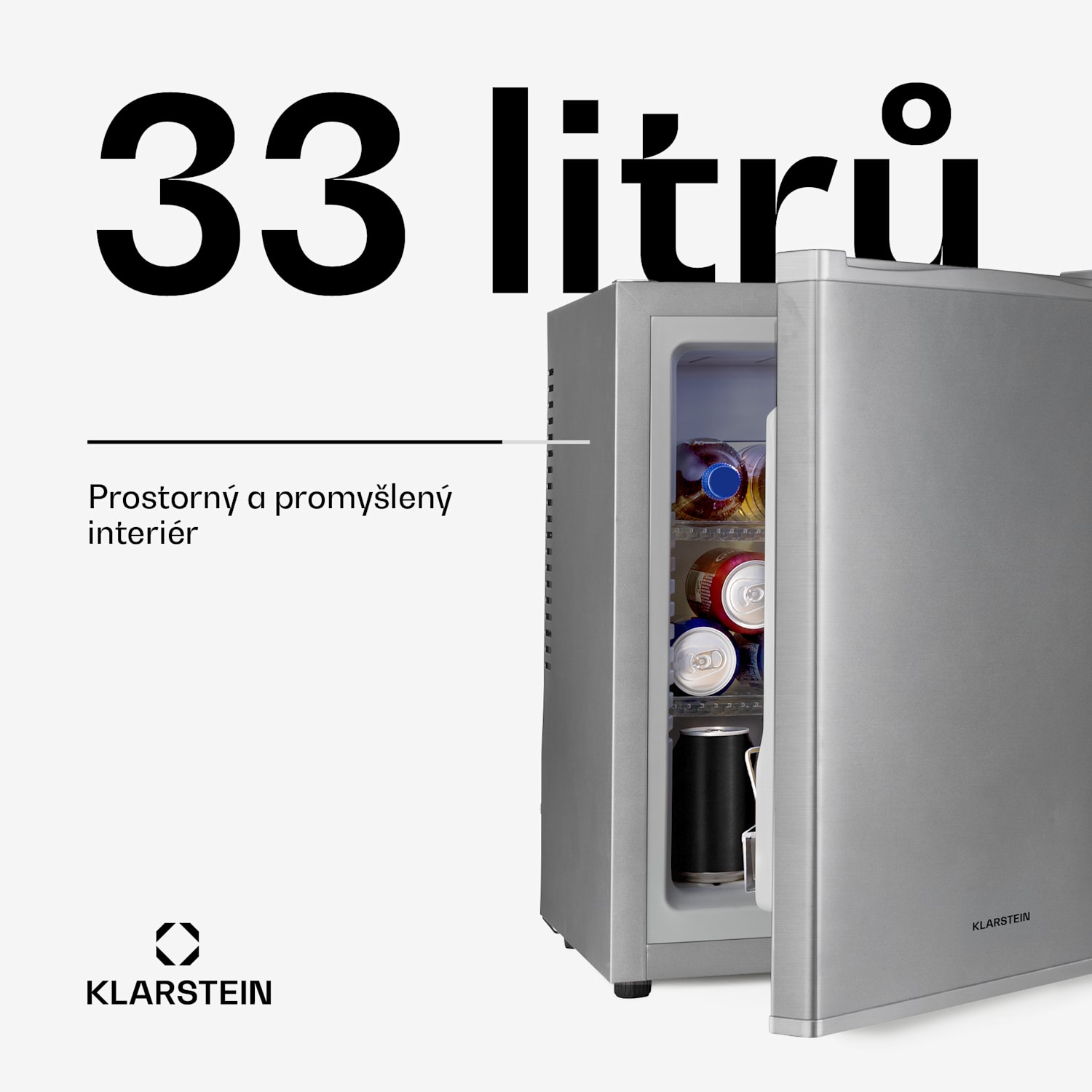 Happy Hour 33, minibar, 33 l, 5-15 °C, energetická třída G, tichý, 25 dB, LED osvětlení, stříbrný 33 litrů | F | Stříbrná