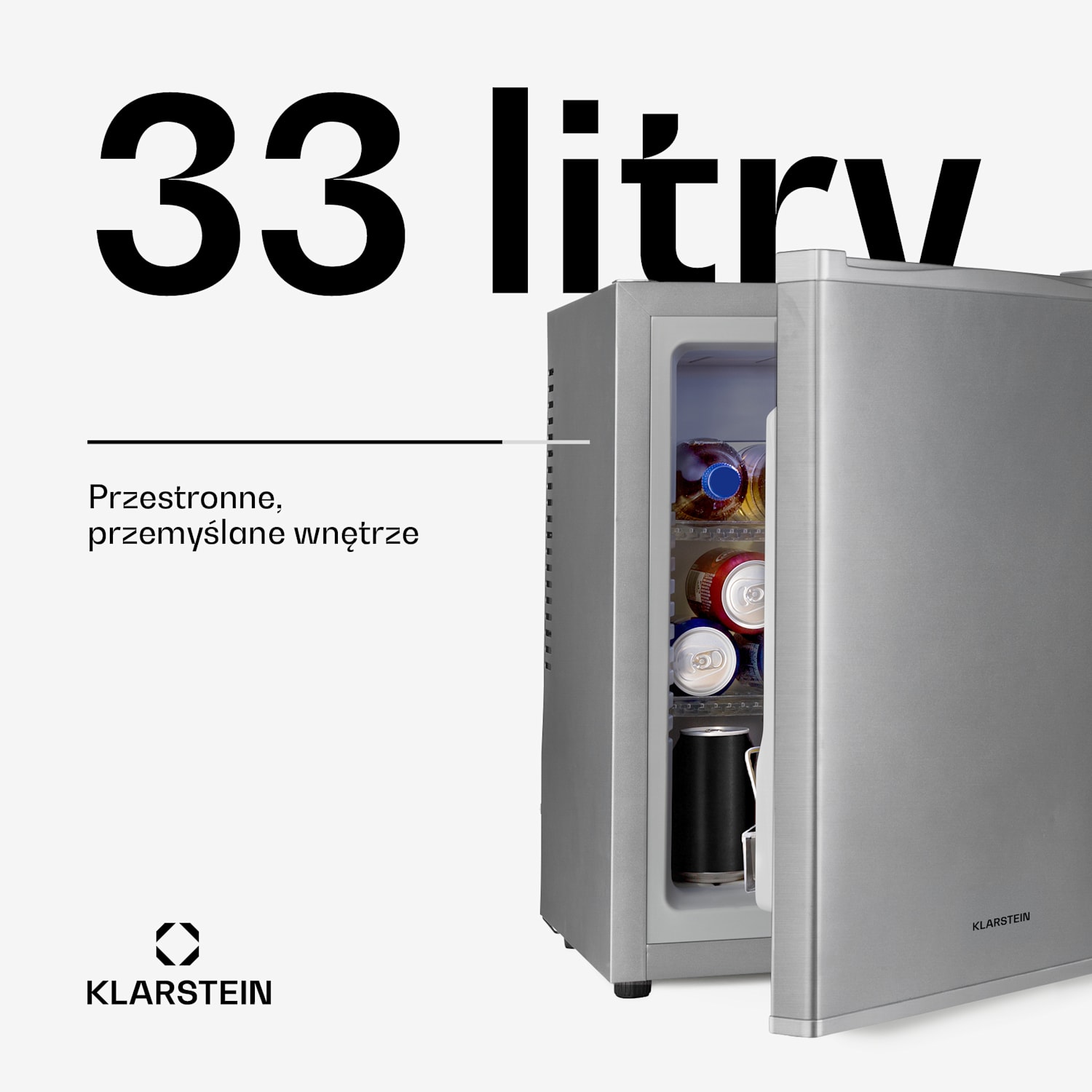Happy Hour 33, mini lodówka, 33 l, 5-15°C, klasa energetyczna G, cicha 25 dB, oświetlenie LED 33 Ltr | F | Srebrny