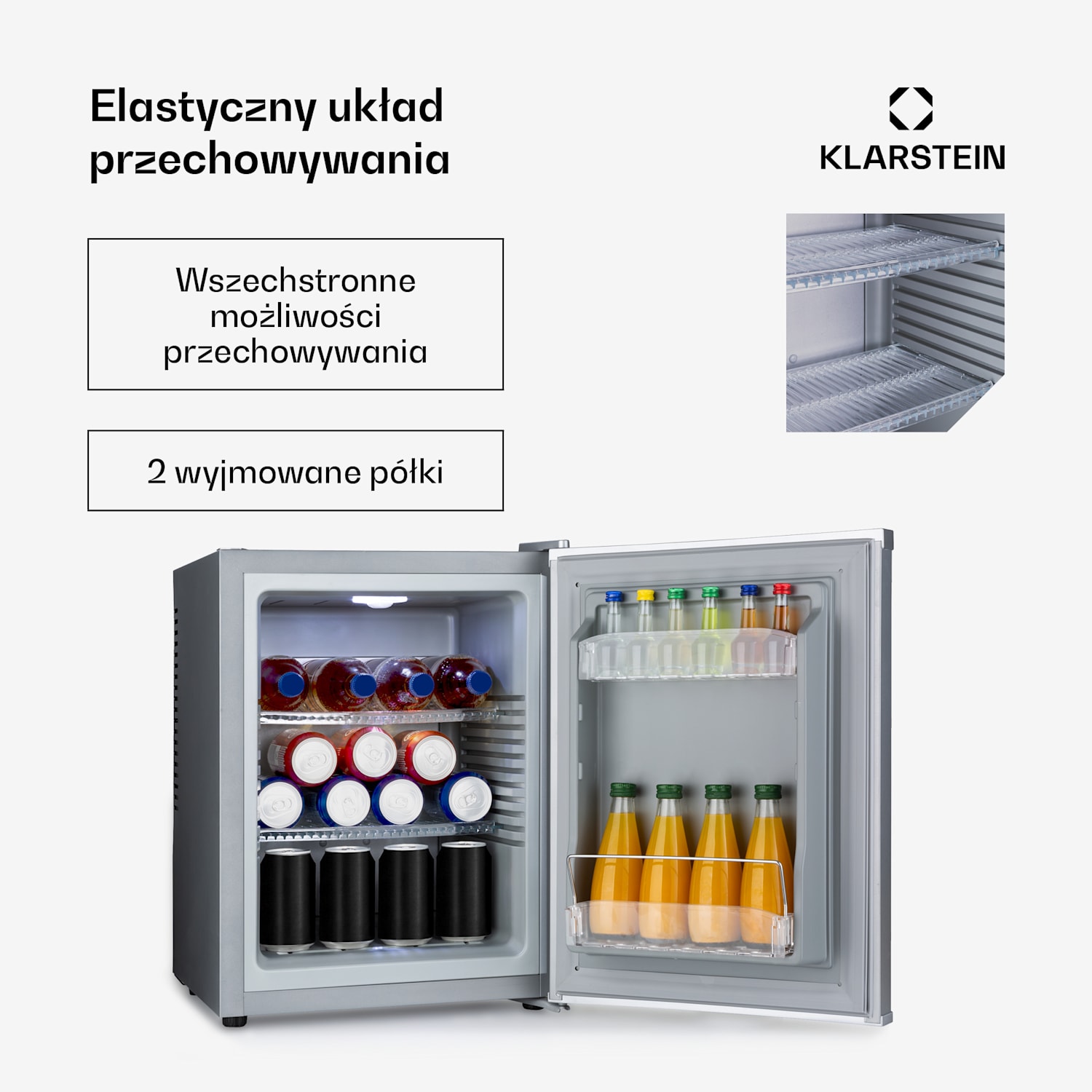 Happy Hour 33, mini lodówka, 33 l, 5-15°C, klasa energetyczna G, cicha 25 dB, oświetlenie LED 33 Ltr | F | Srebrny