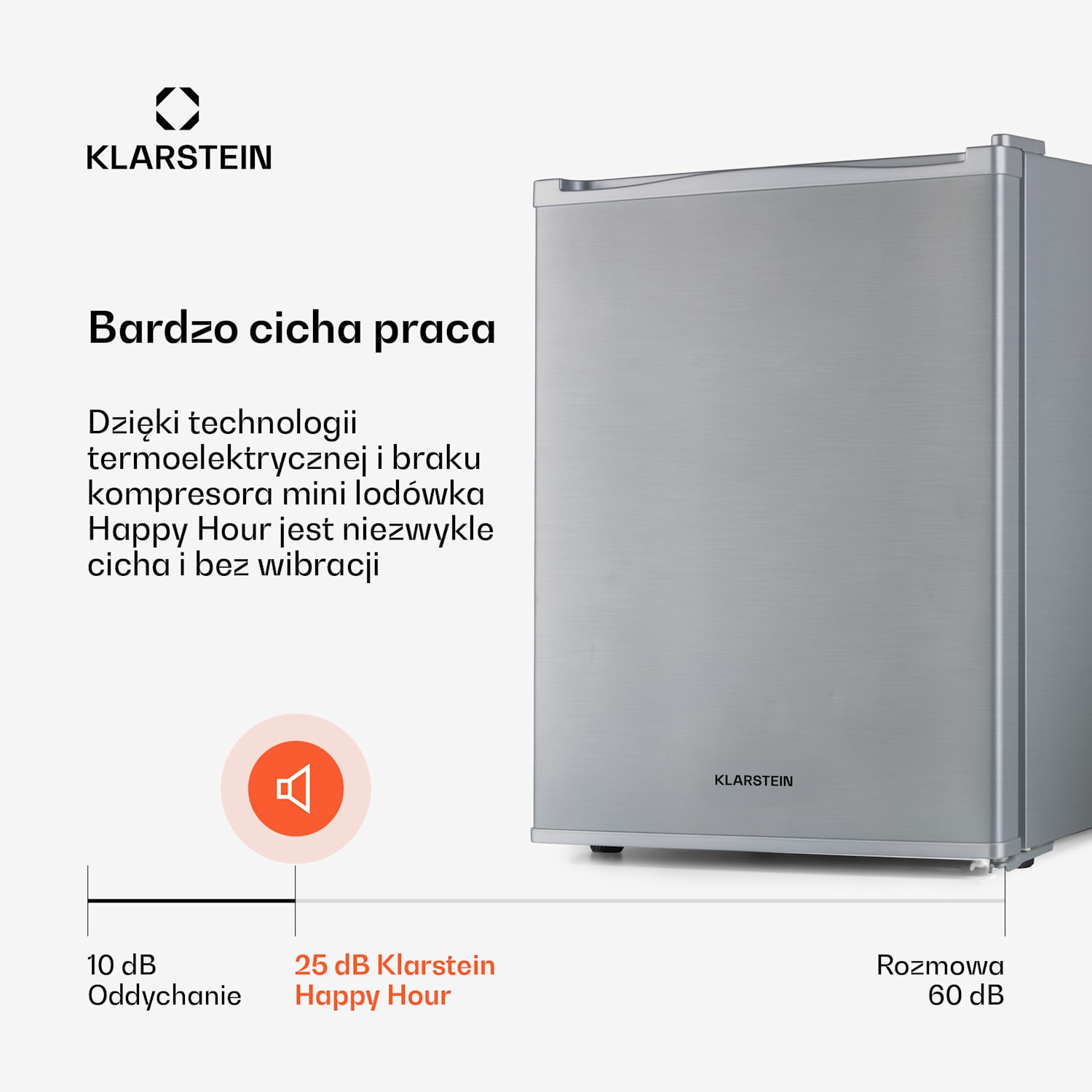 Happy Hour 33, mini lodówka, 33 l, 5-15°C, klasa energetyczna G, cicha 25 dB, oświetlenie LED 33 Ltr | F | Srebrny