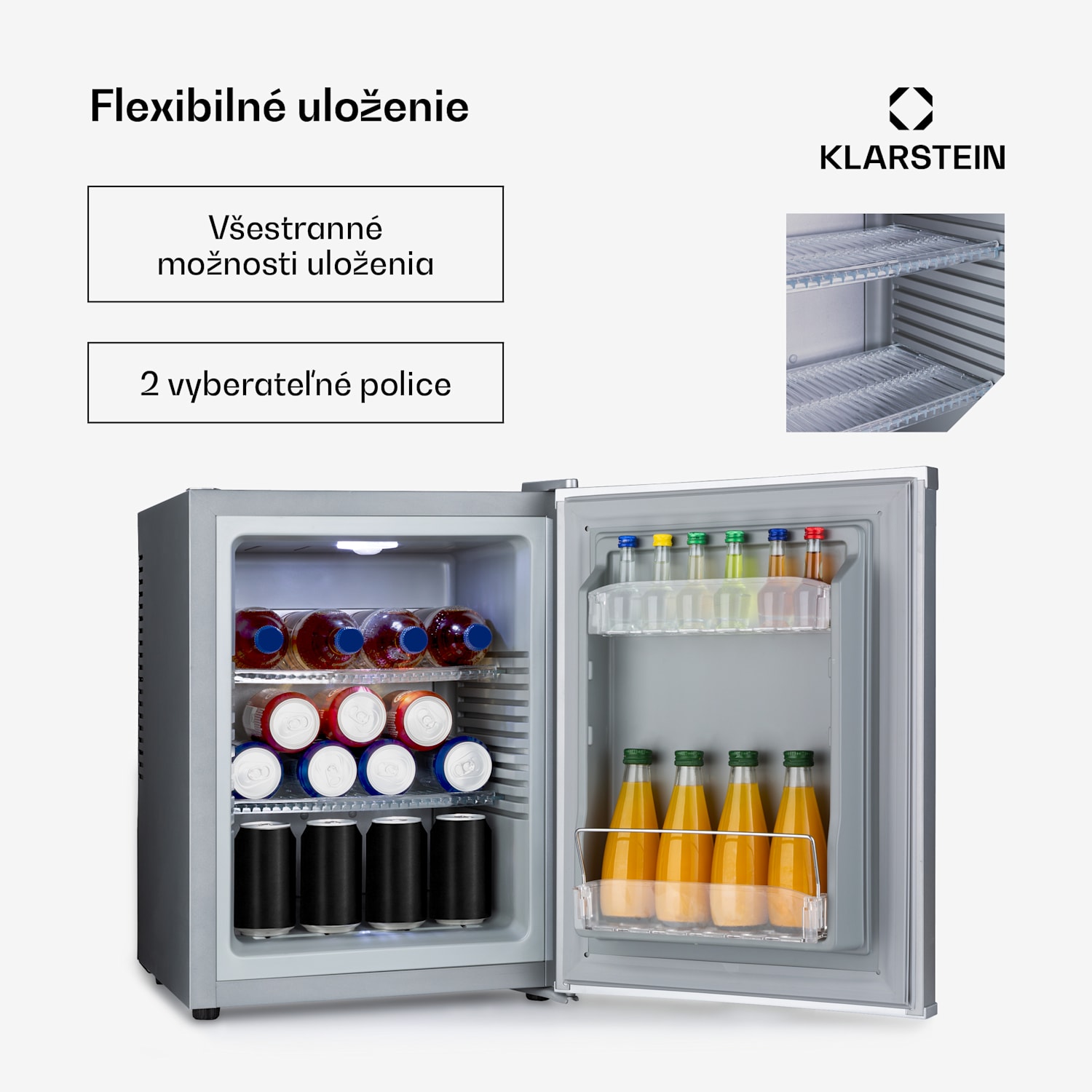 Happy Hour 33, minibar, 33 l, 5-15°C, energet. trieda G, tichý, 25 dB, LED svetlo, strieborný 33 litrov | F | Strieborná